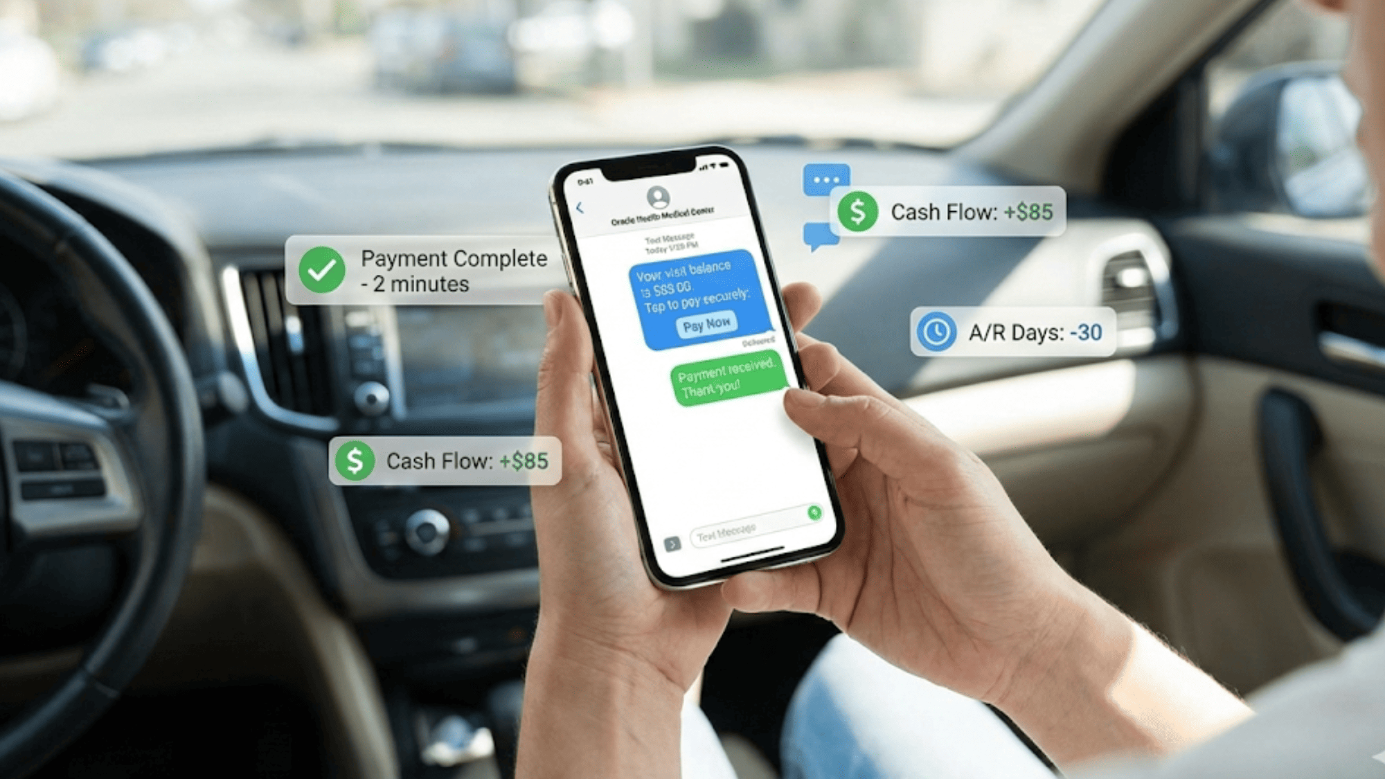 Mobile text-to-pay transaction showing secure patient payment completion for healthcare services in real-time