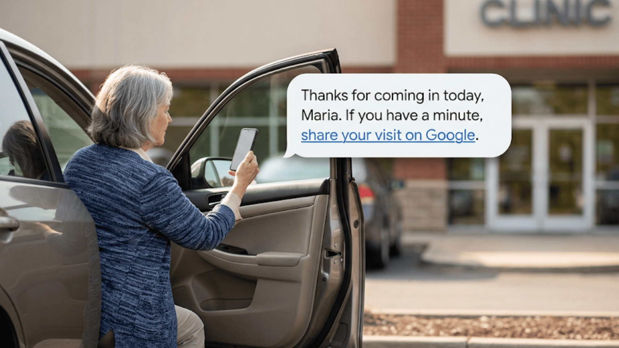 Automated post-visit survey text asking a patient to leave a Google review after her appointment