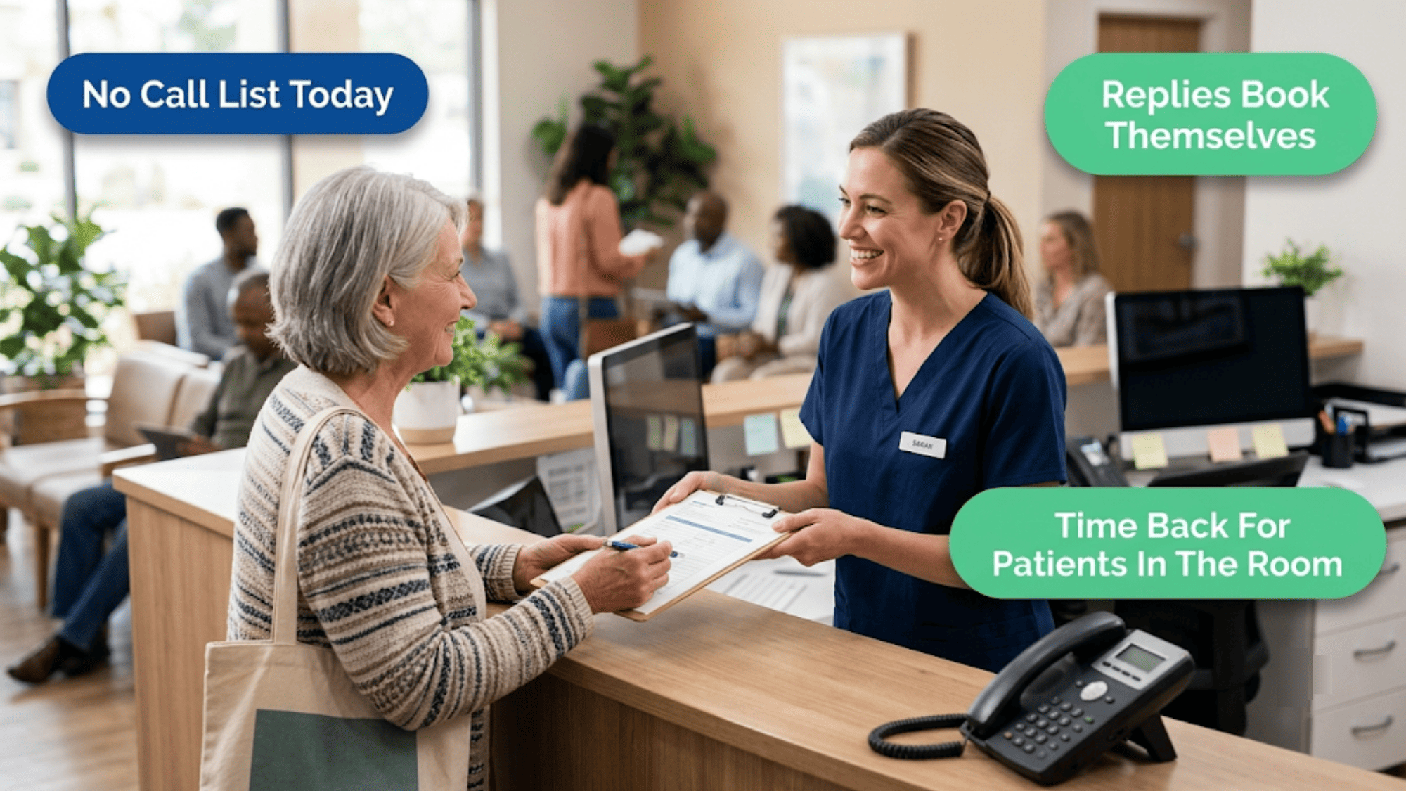 Front-desk staffer helping a patient in person after CureMD mass message recall replaced the call list