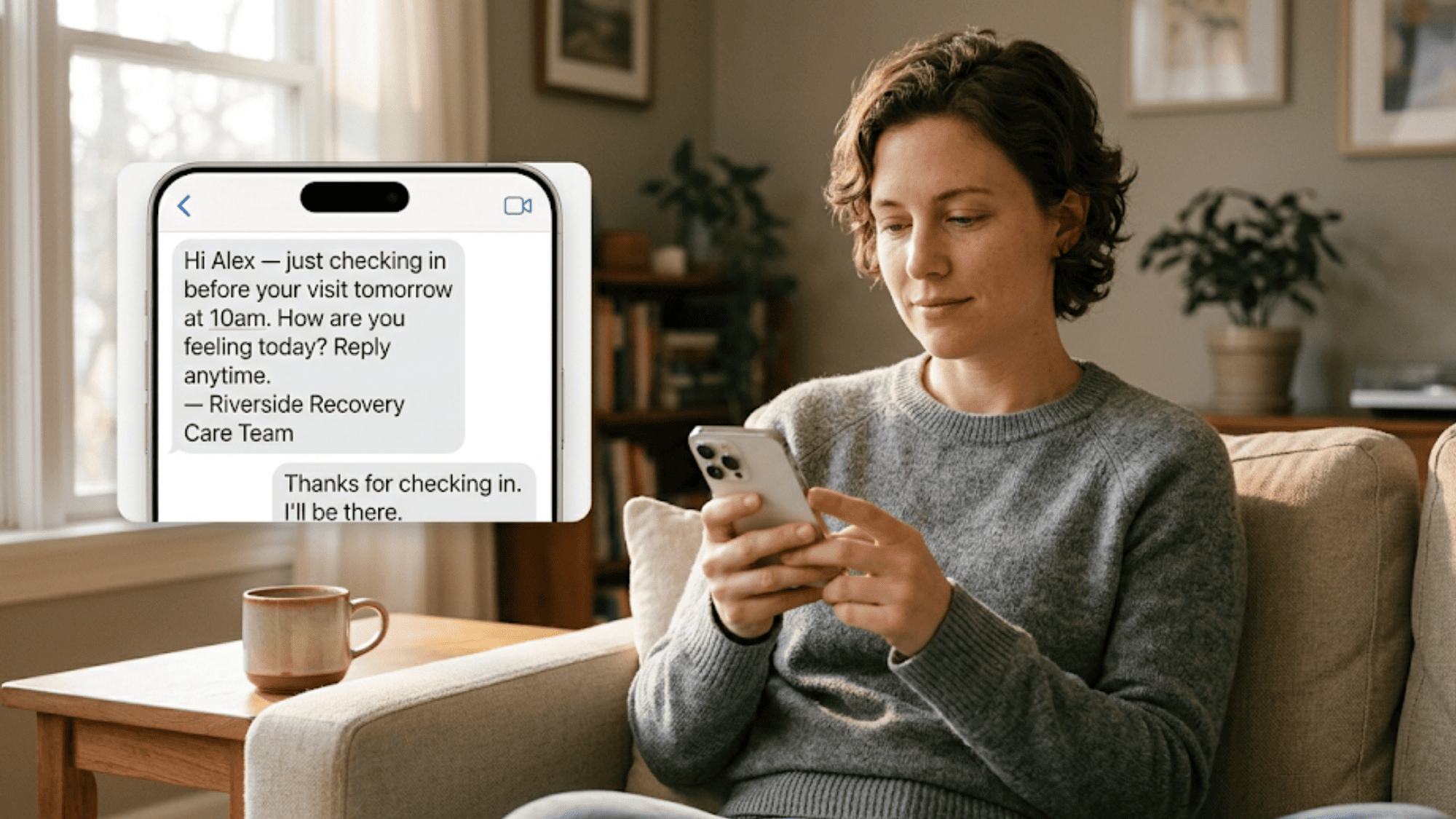 Recovery patient responding to a two-way texting outreach message from their behavioral health clinic