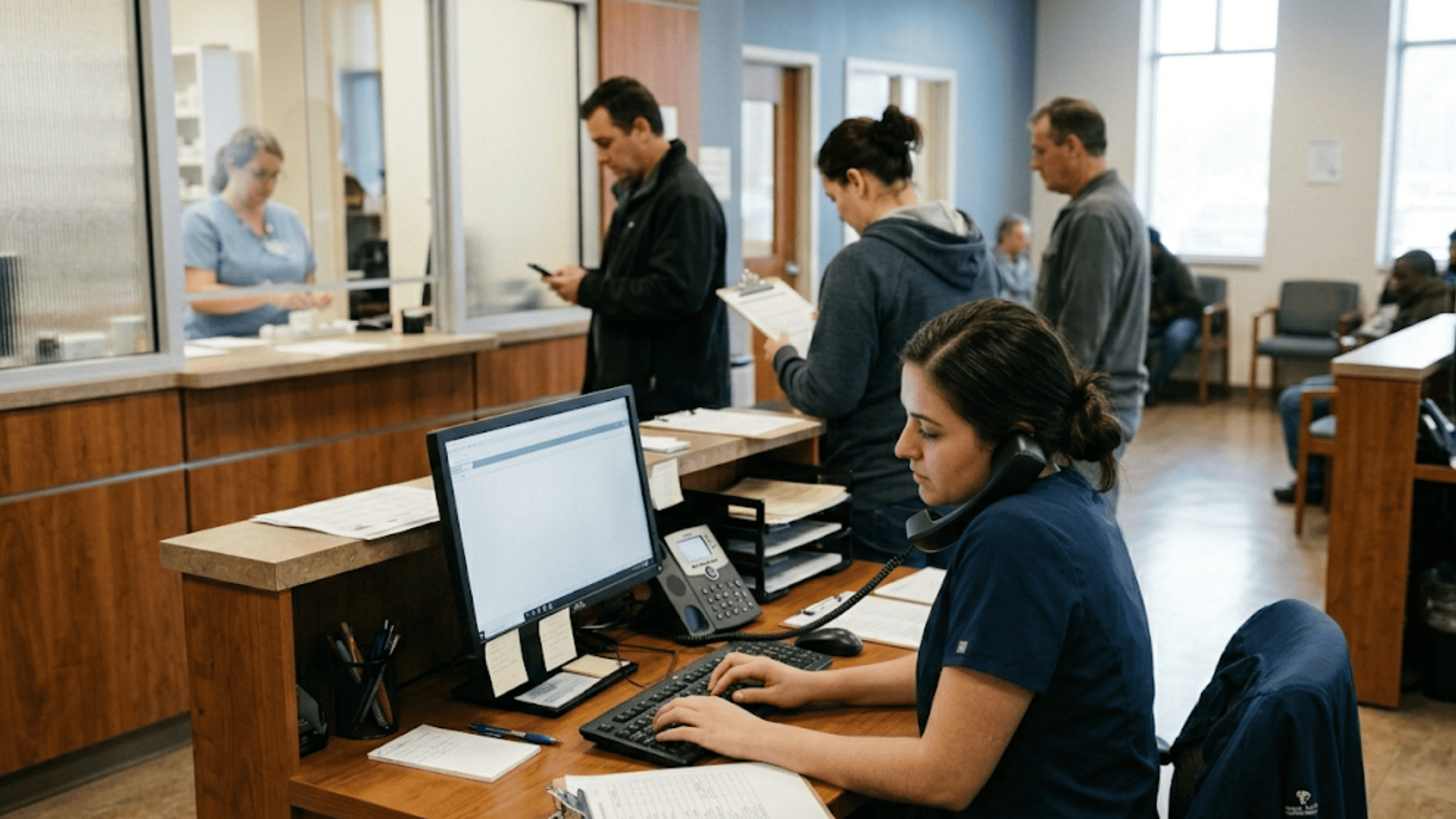 OTP front-desk staff multitasking on phone and computer during busy morning dosing window