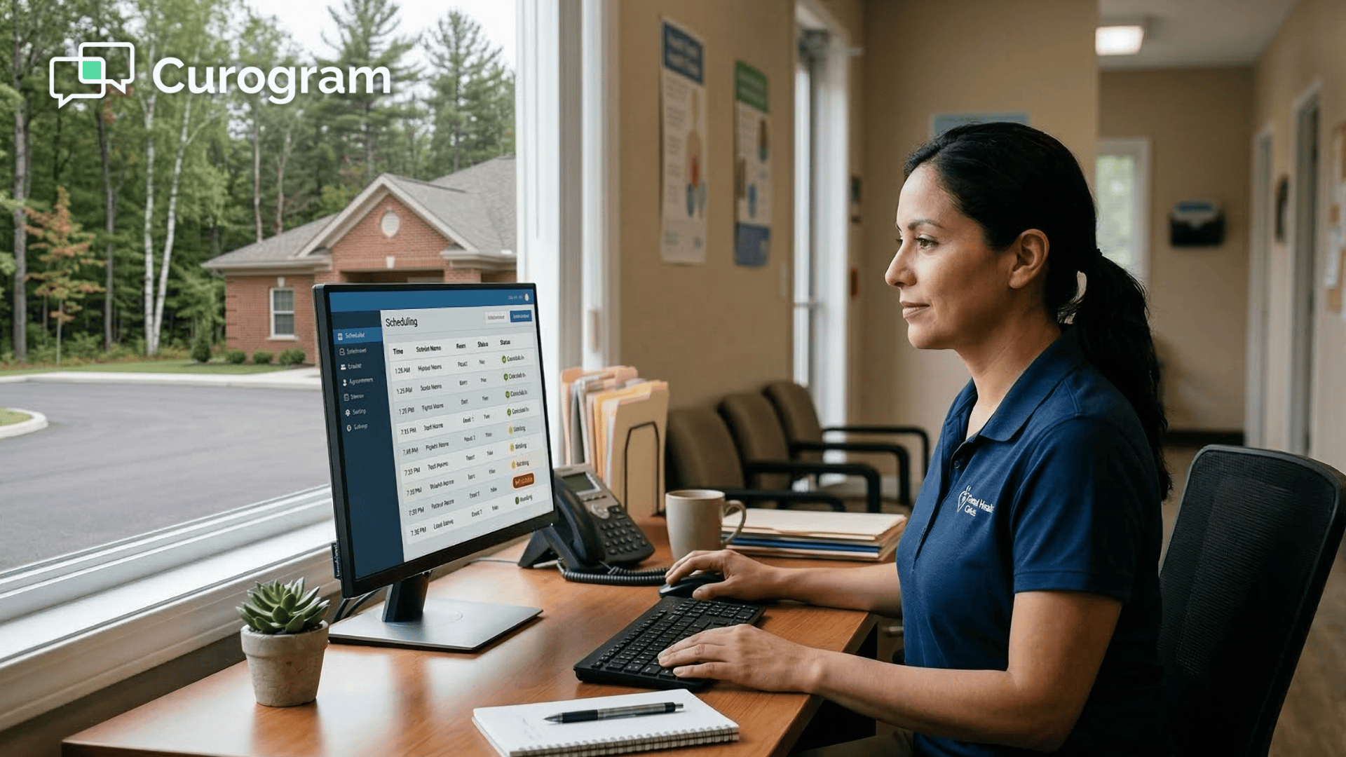 Rural clinic office manager reviewing confirmed appointments on scheduling dashboard