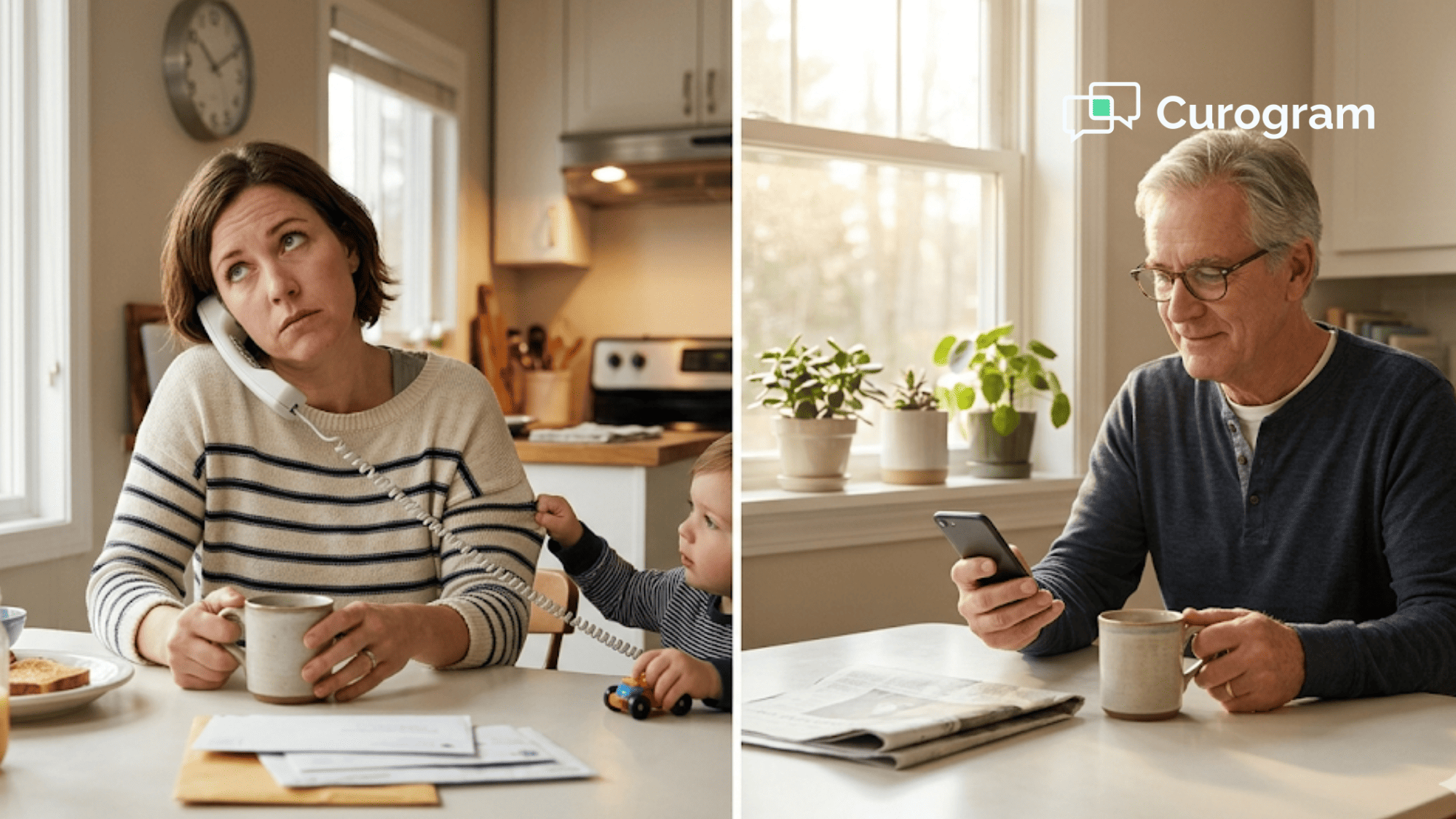 Two patients in kitchen settings showing the contrast between phone-based and SMS-based scheduling