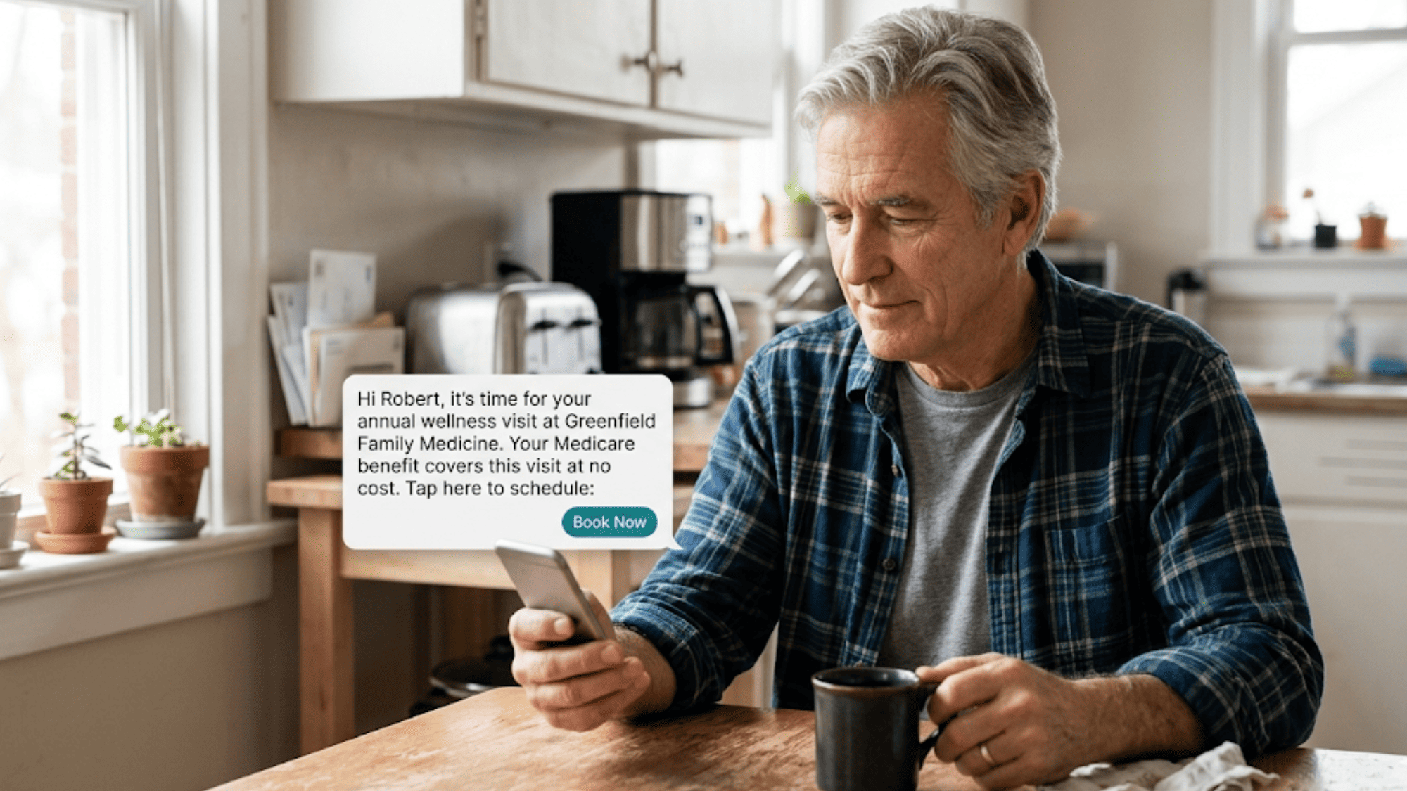 Older man reading a wellness visit recall text message on his phone at a kitchen table with coffee
