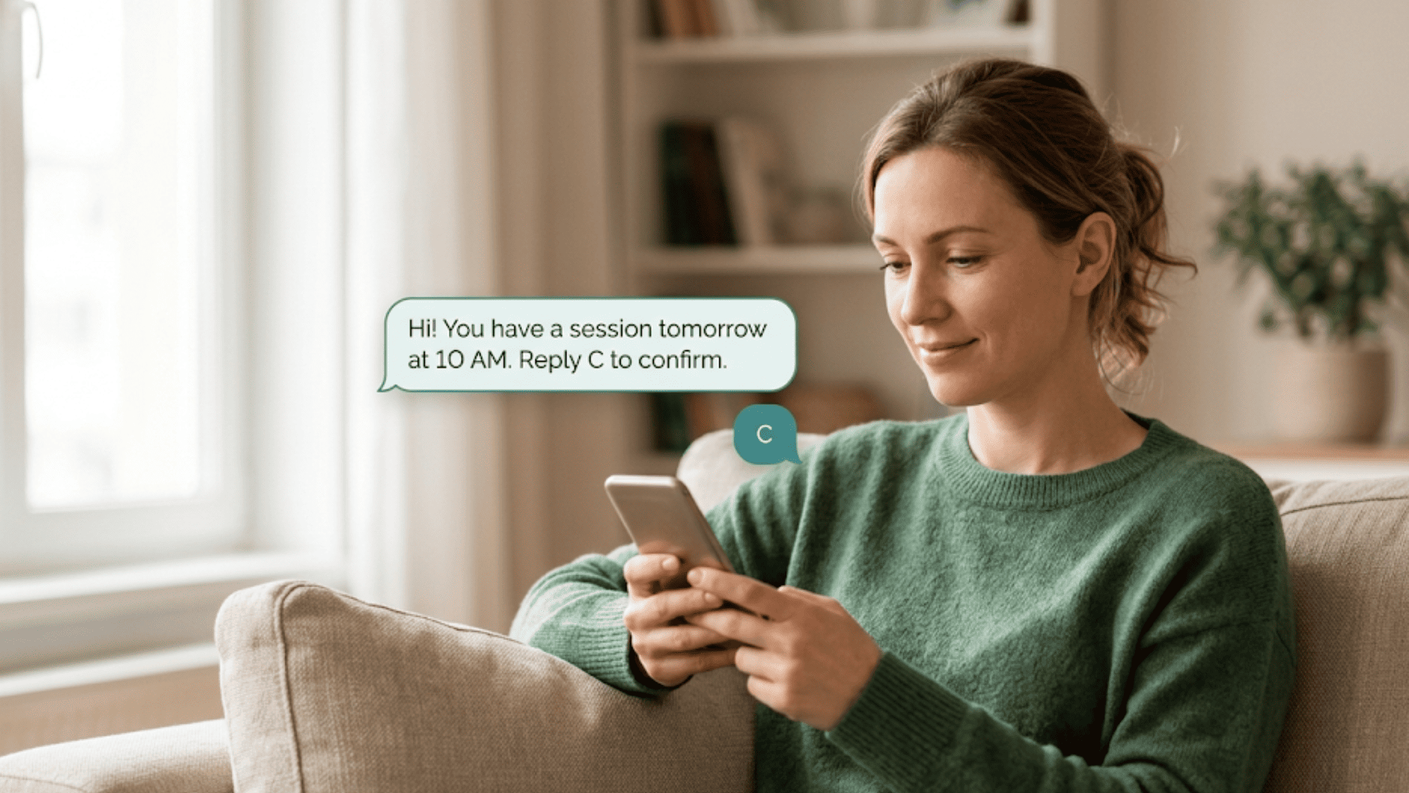 Client confirming an appointment by texting C, showing 2-way SMS reminders for treatment adherence