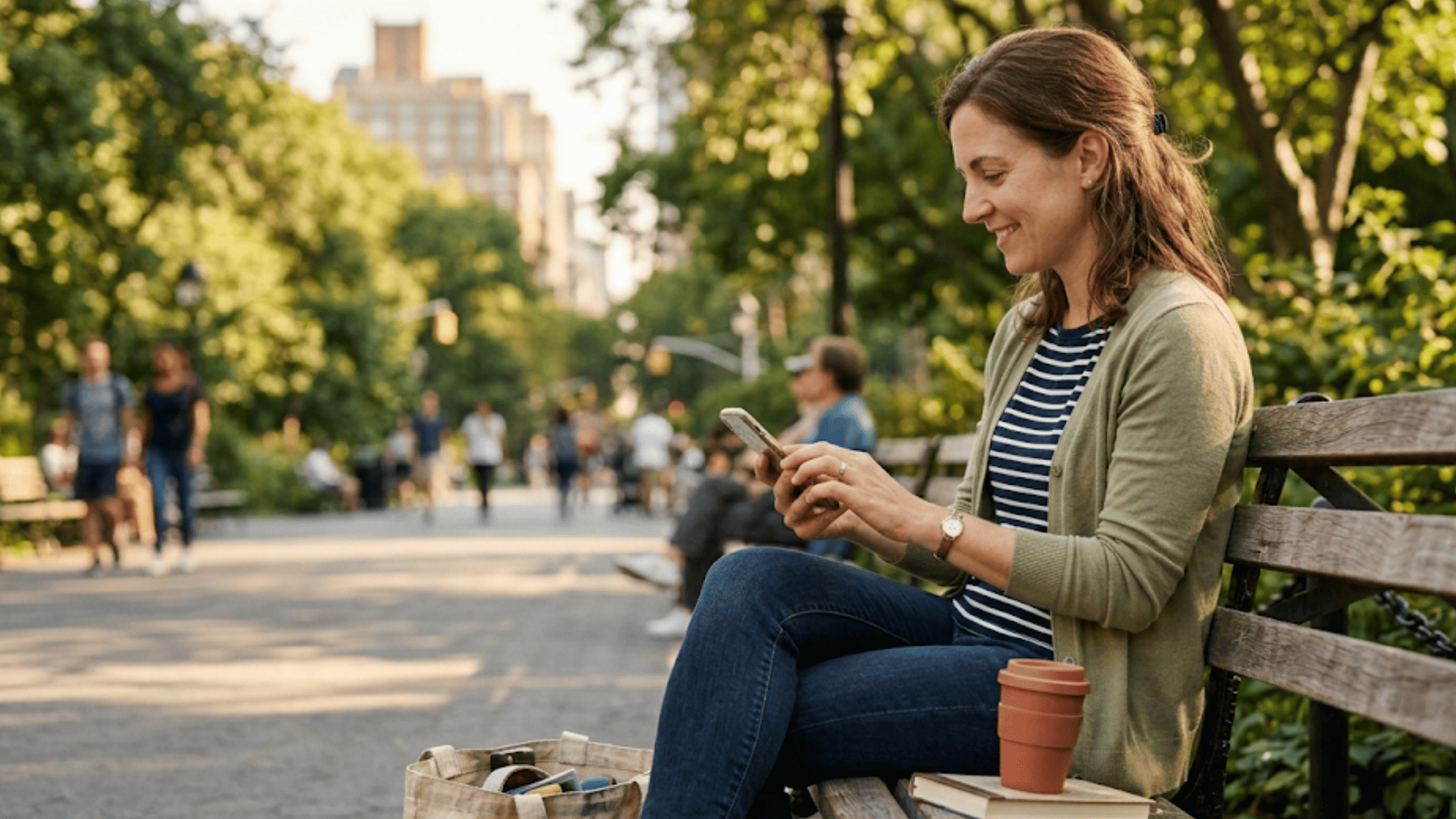 Woman casually paying a medical bill on her smartphone outdoors