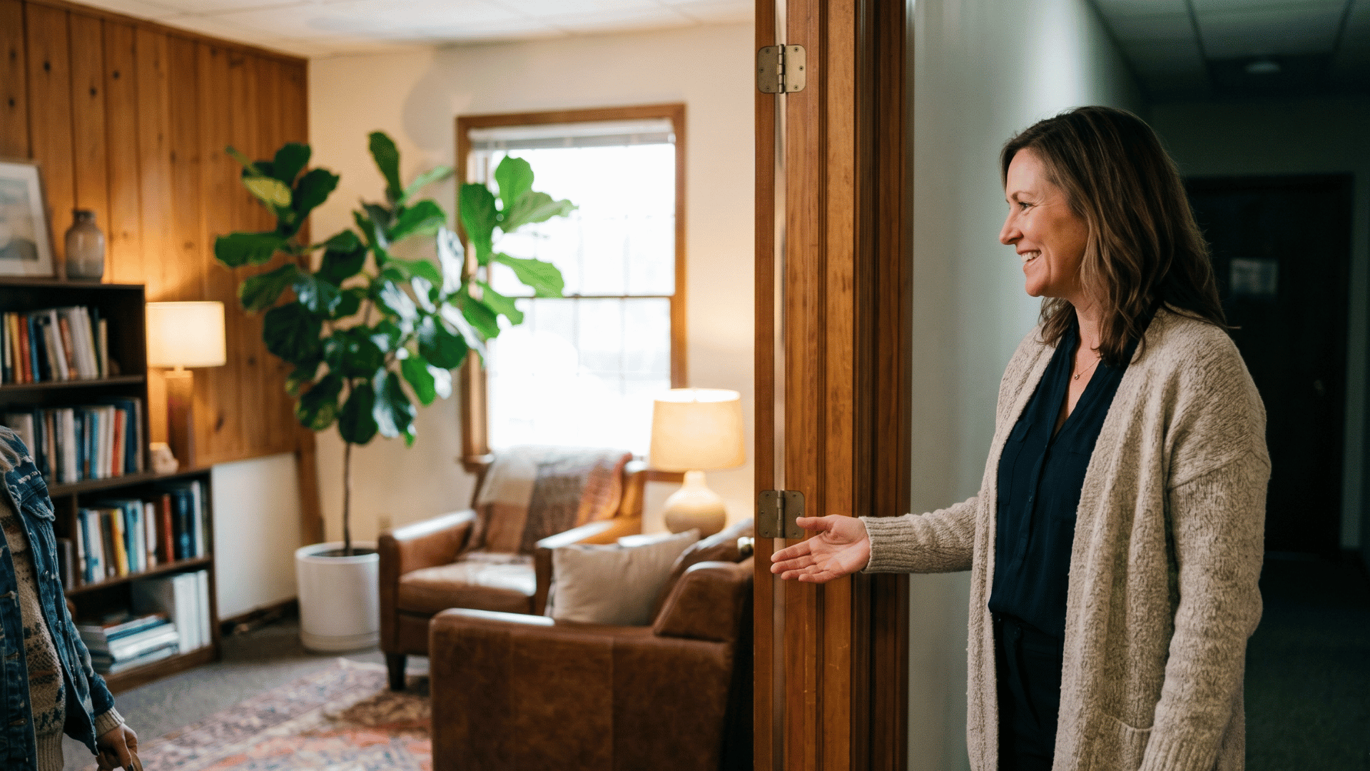 Behavioral health client warmly greeted as they arrive for a therapy appointment