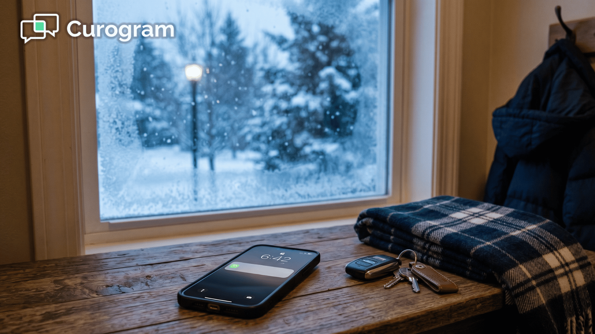 Smartphone on entry table showing a behavioral health practice closure text on an icy morning