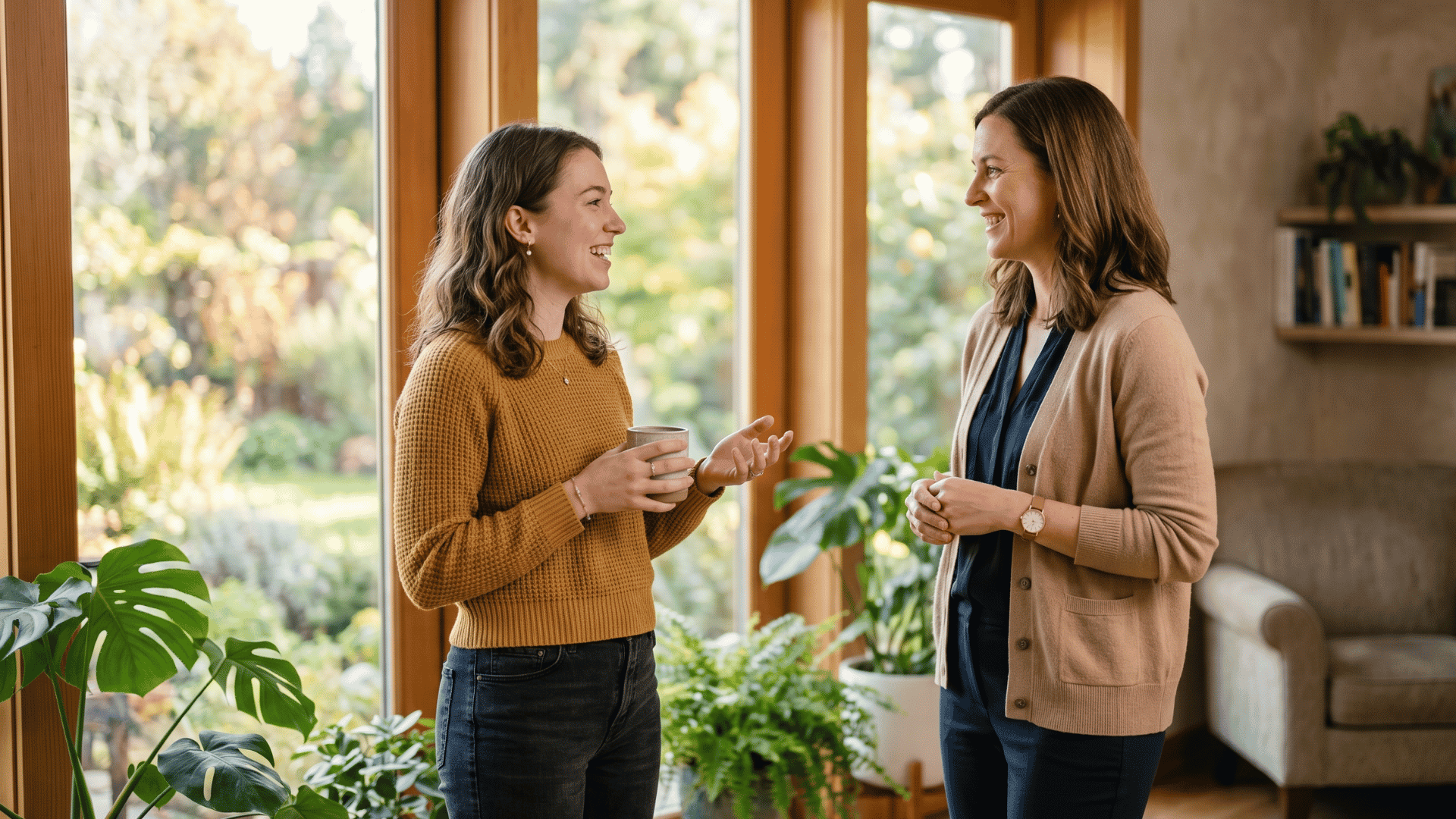 Behavioral health clinician and client talking warmly after reliable text communication