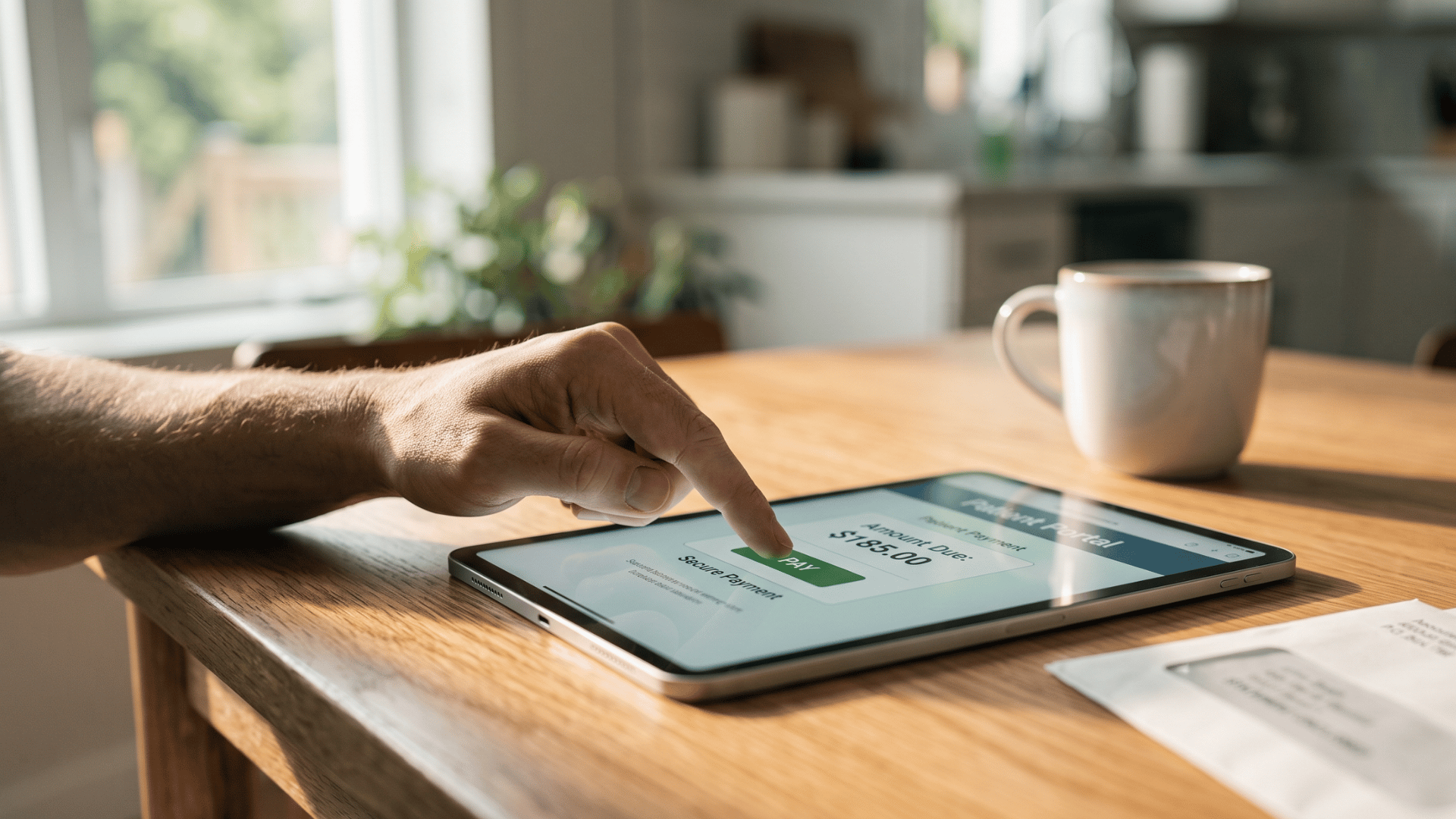 Patient paying a medical bill in one tap on a tablet at home with a Text-to-Pay link