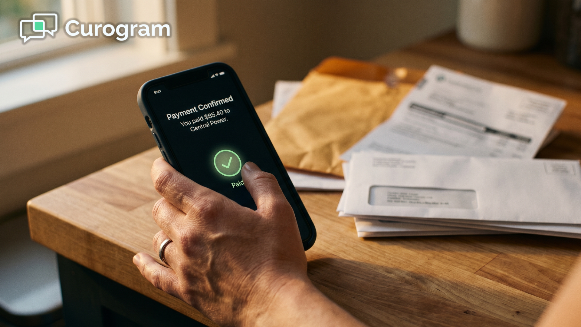 Hand paying a therapy copay by text as unopened paper statements sit ignored nearby