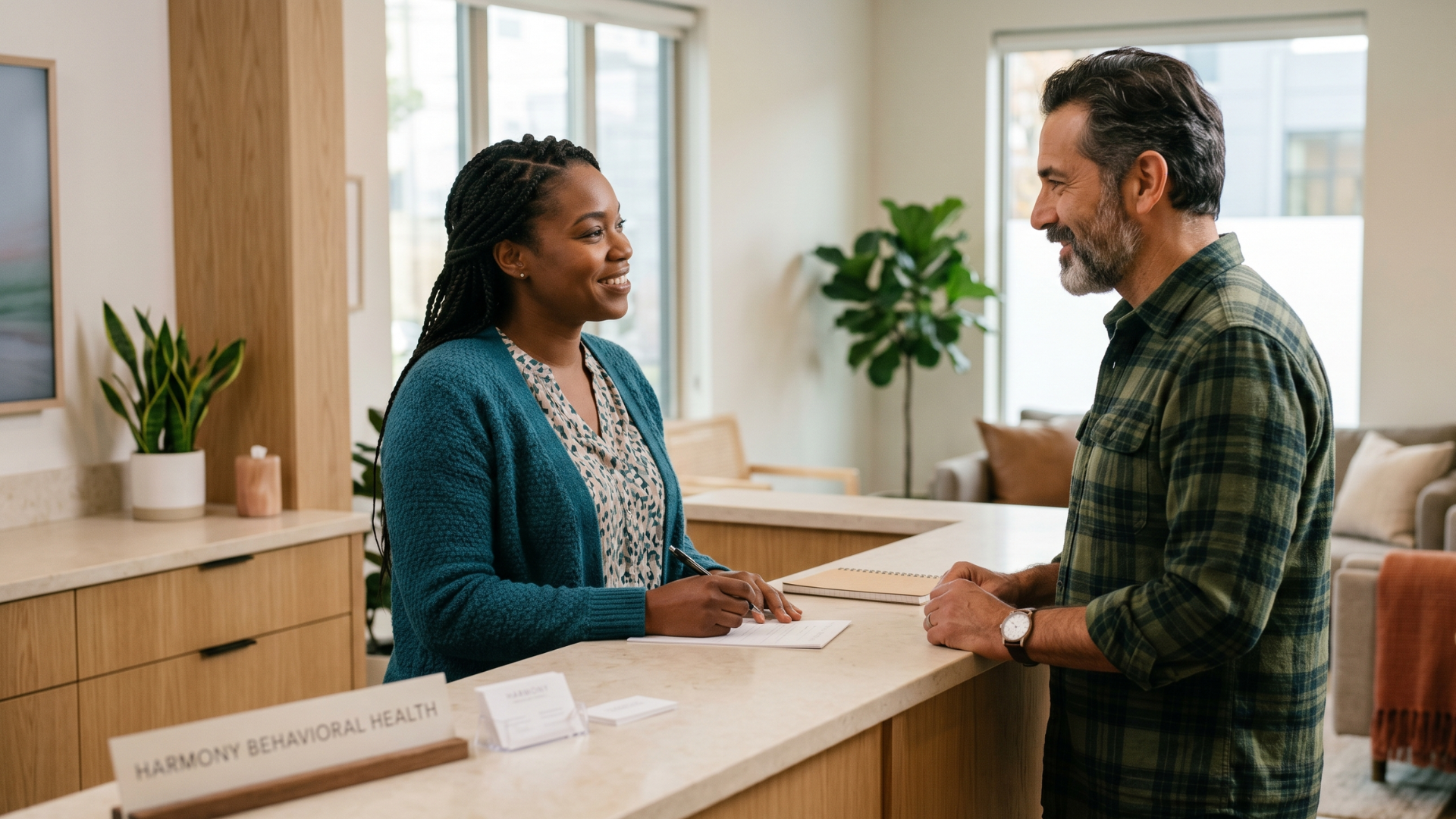 Coordinator and client share a warm front-desk moment after a behavioral health visit