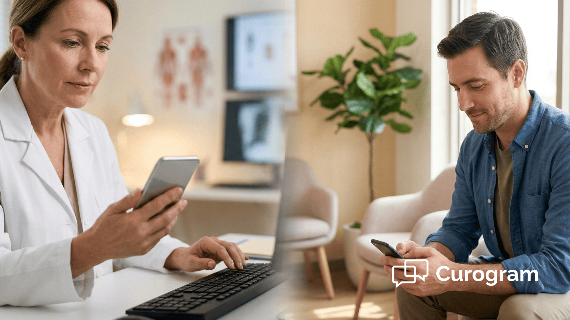 Doctor looking at smartphone in clinic office while patient checks phone in waiting room showing healthcare messaging connection