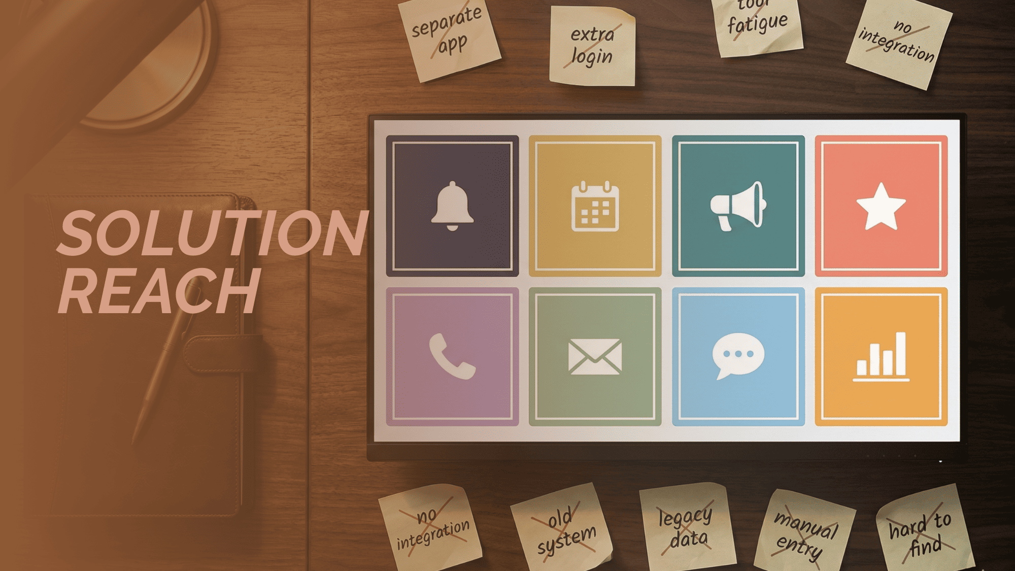 Top-down desk view of a unified dashboard combining reminders recalls surveys and scheduling tools