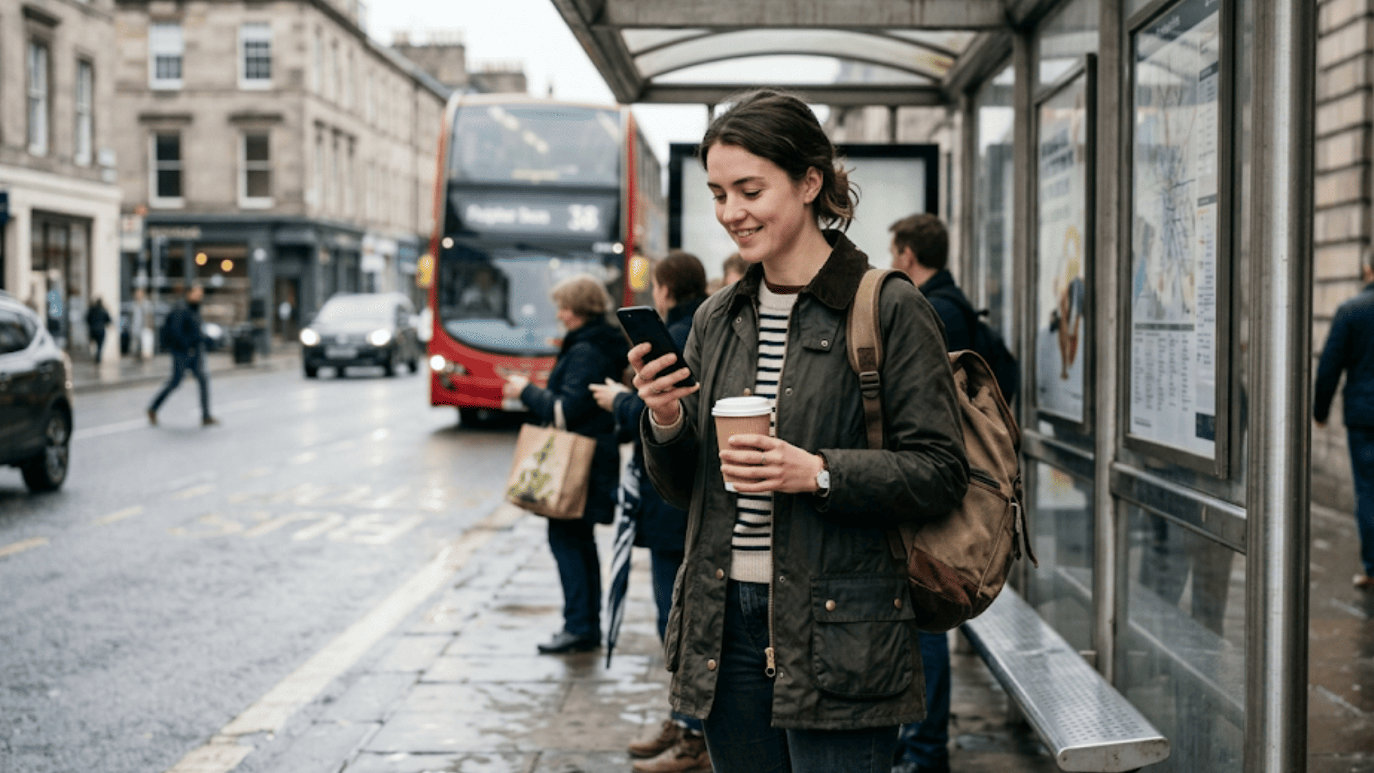 SUD client confirming a care reminder by text at a bus stop mid-commute