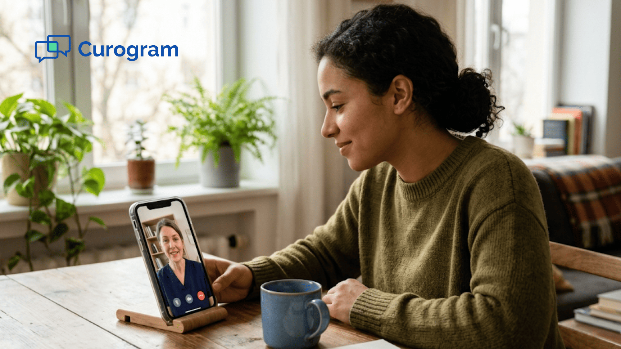 Client at home having an easy telehealth video session with a clinician on their phone