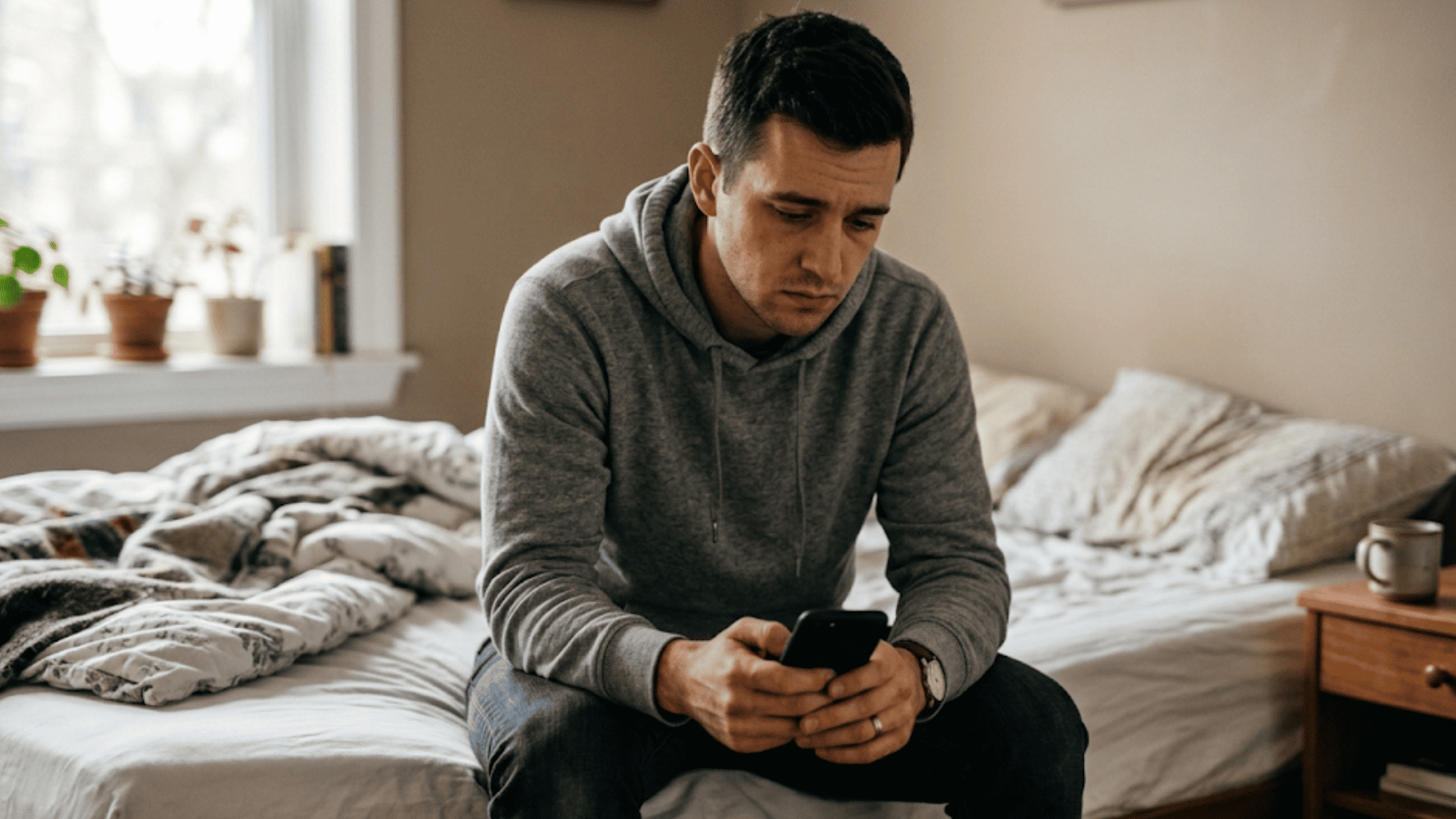 Person giving up on a phone at home, illustrating telehealth access barriers in SUD recovery