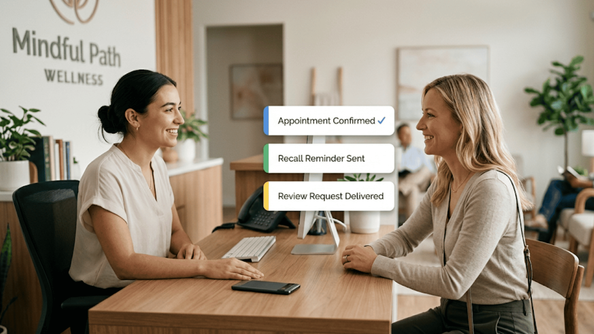 Calm front-desk coordinator helping a patient while automated confirmation, recall, and review message bubbles run in the background