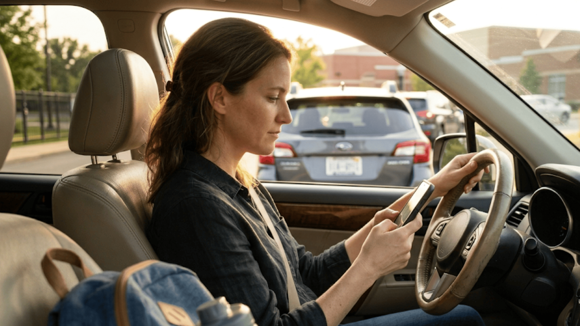 Parent casually texting from her parked SUV to schedule her child's orthodontic retainer check appointment in under 30 seconds