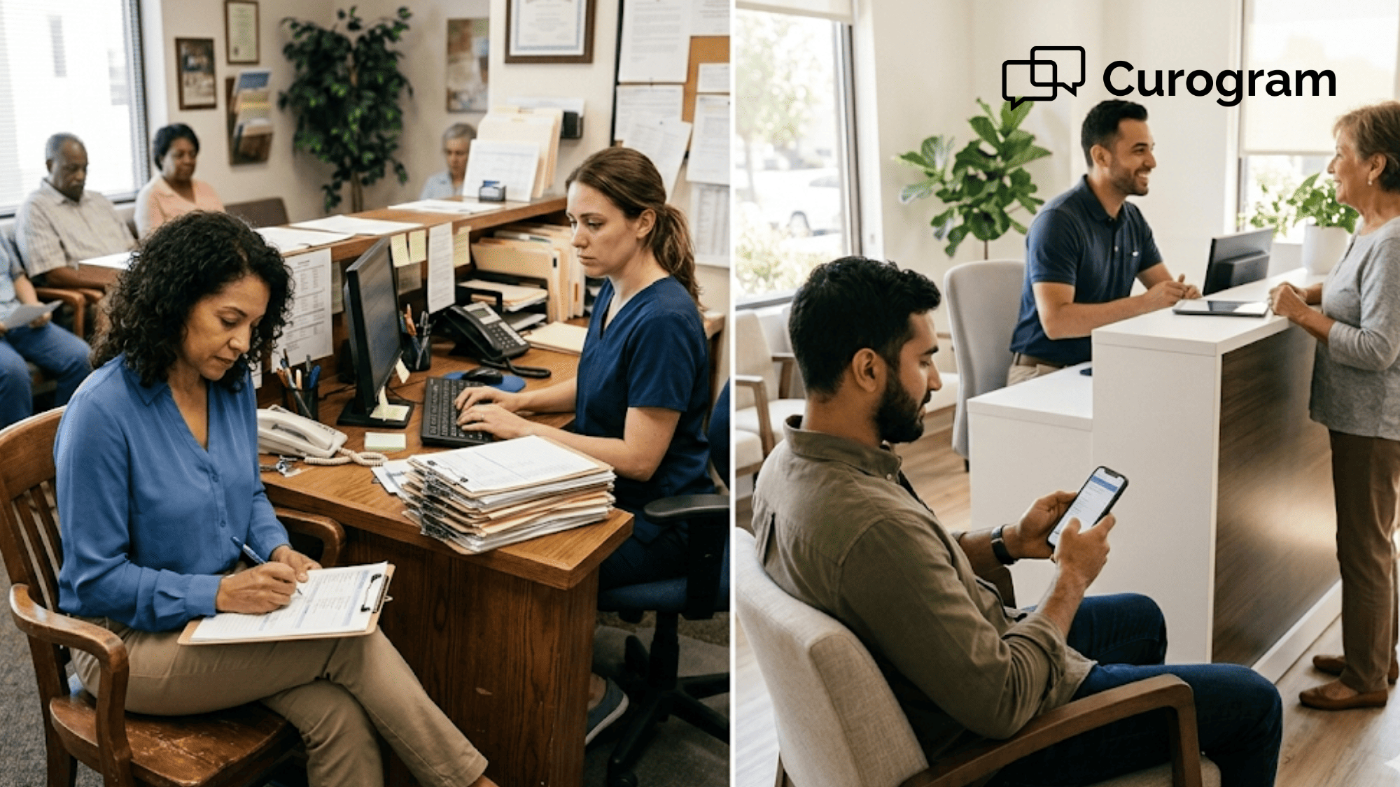 Medical office front desk comparing paper clipboard intake to digital smartphone-based patient intake
