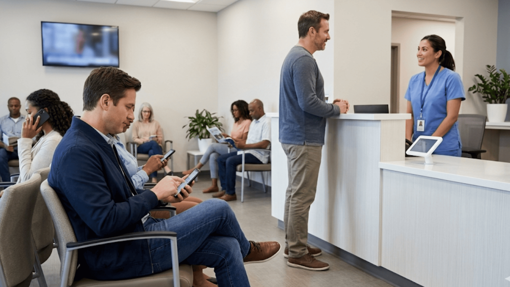Urgent care patients filling out digital intake forms on smartphones in a clipboard-free waiting room