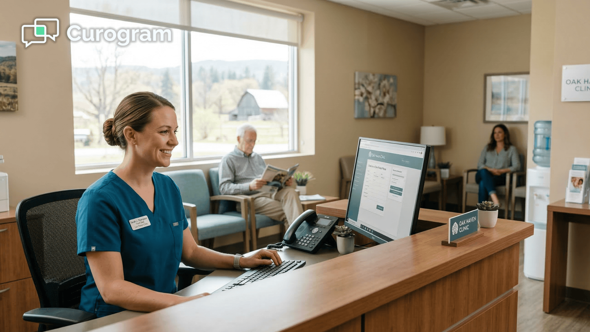 Rural clinic front desk staff using a computer with a paperless patient intake workflow
