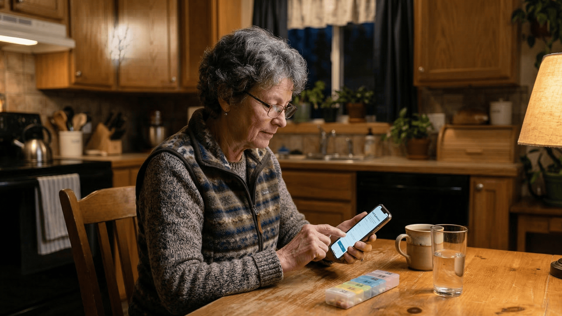 Older patient completing a digital medical intake form on her smartphone at home