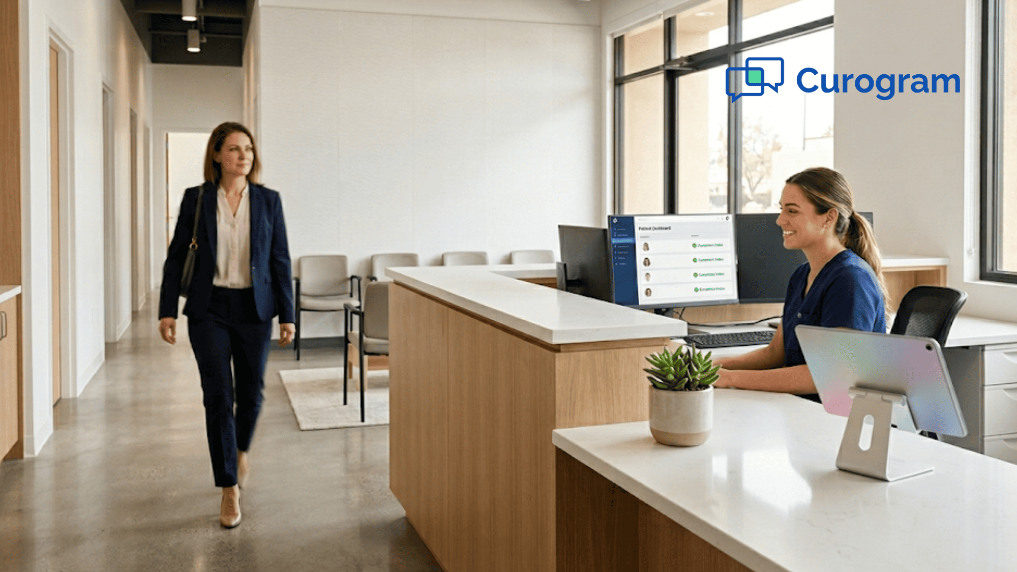 Clean medical front desk with no clipboards showing completed digital patient intake on screen