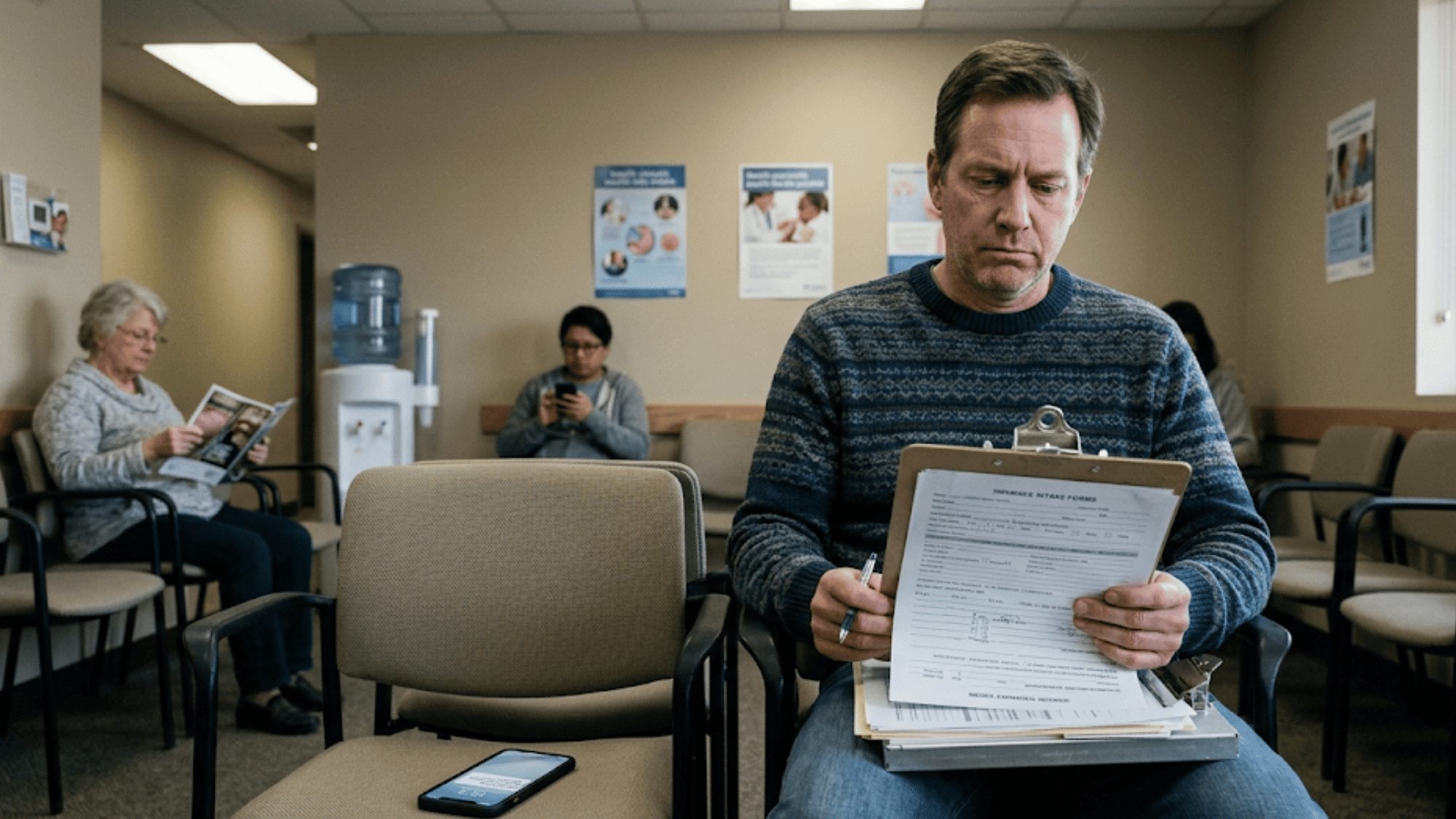 Frustrated patient holding clipboard intake forms in waiting room with smartphone notification visible
