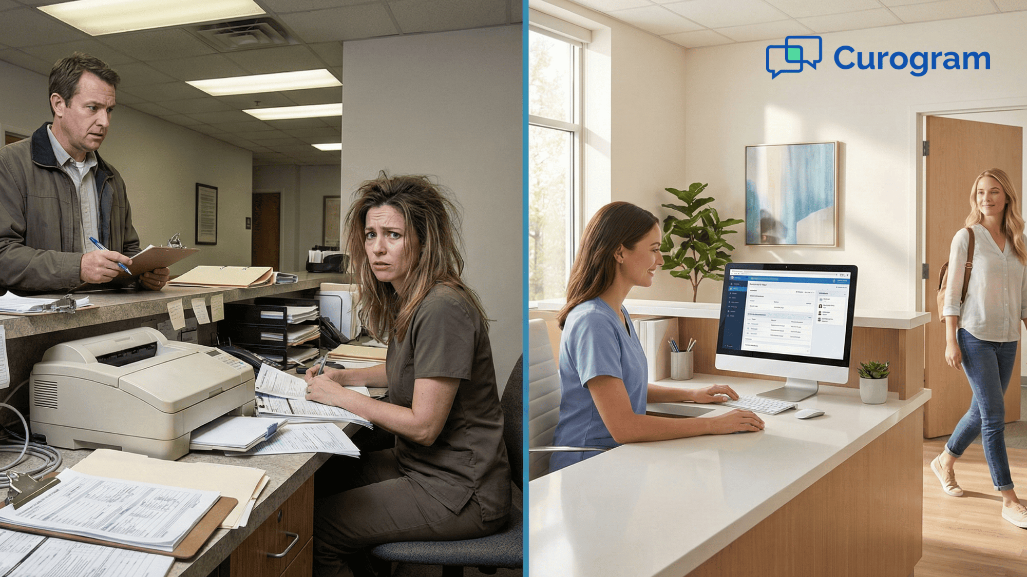 Side-by-side comparison of a cluttered paper-based front desk versus a clean modern medical office using digital intake forms
