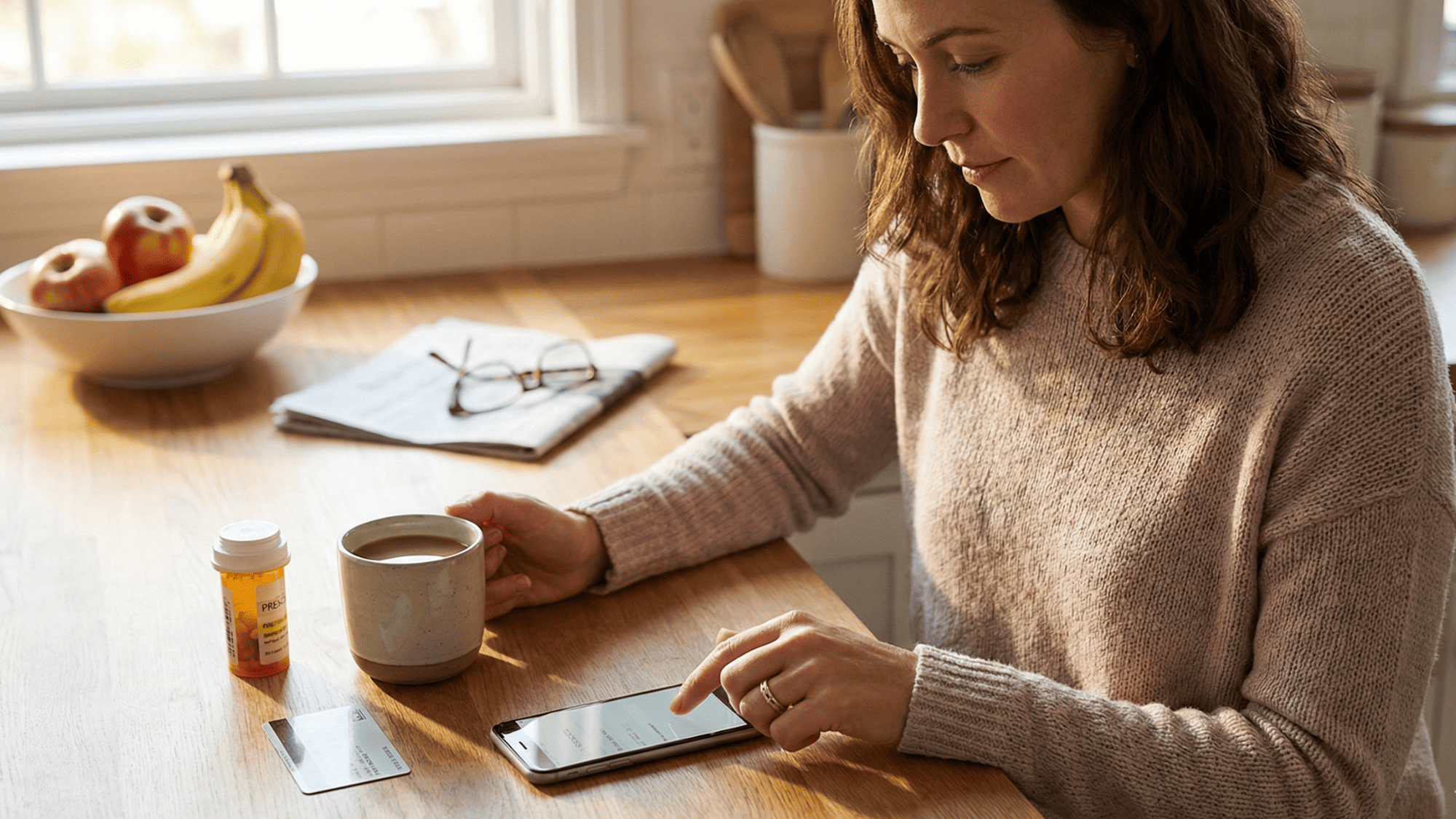 Woman sitting at kitchen table filling out patient intake forms on her smartphone before a doctor visit