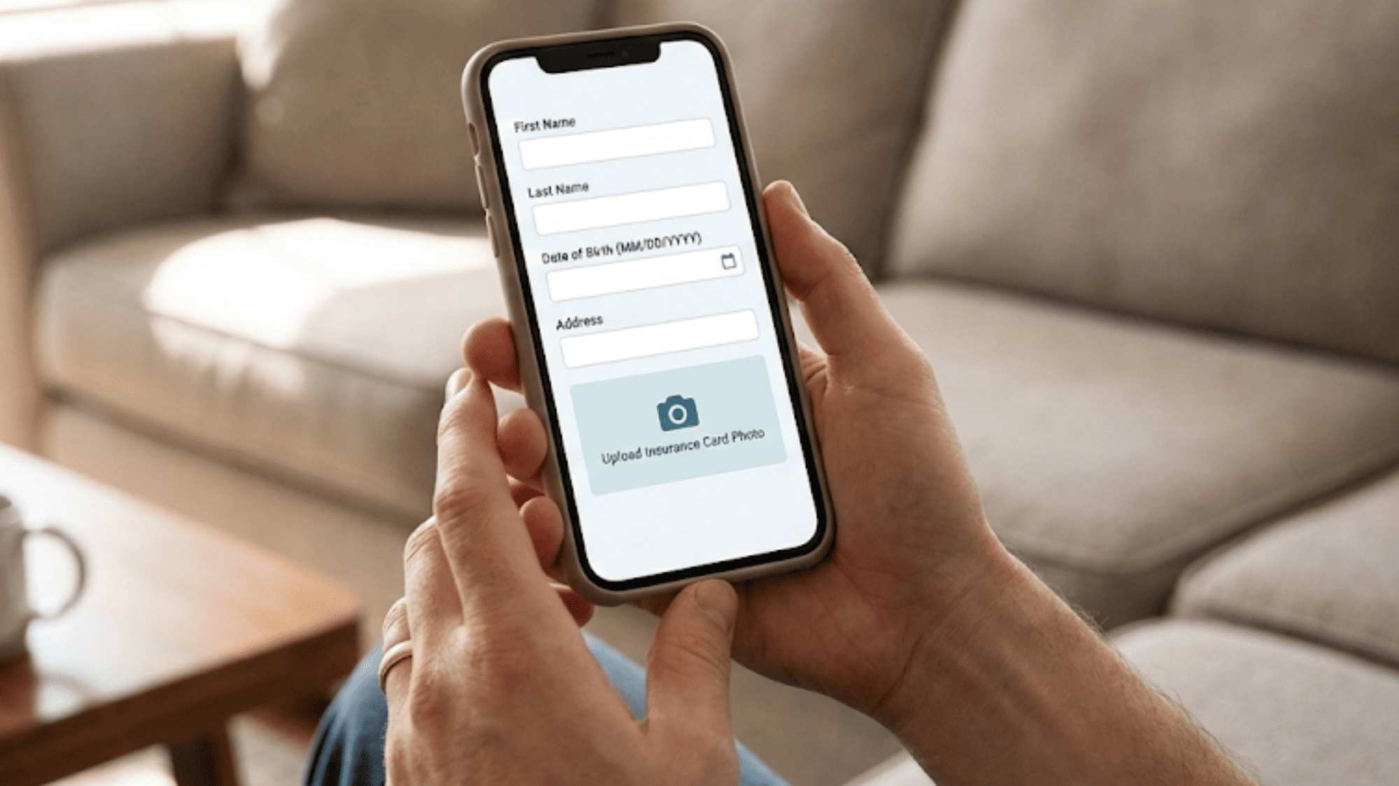 Patient filling out a digital intake form on a smartphone from home before a doctor visit
