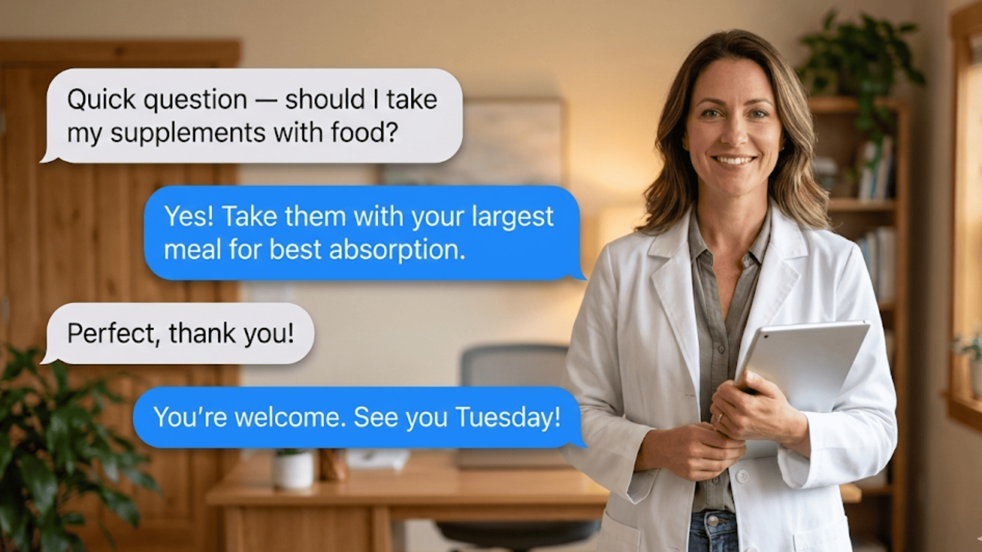 Cerbo clinic doctor with tablet and floating SMS conversation bubbles showing fast patient response workflow