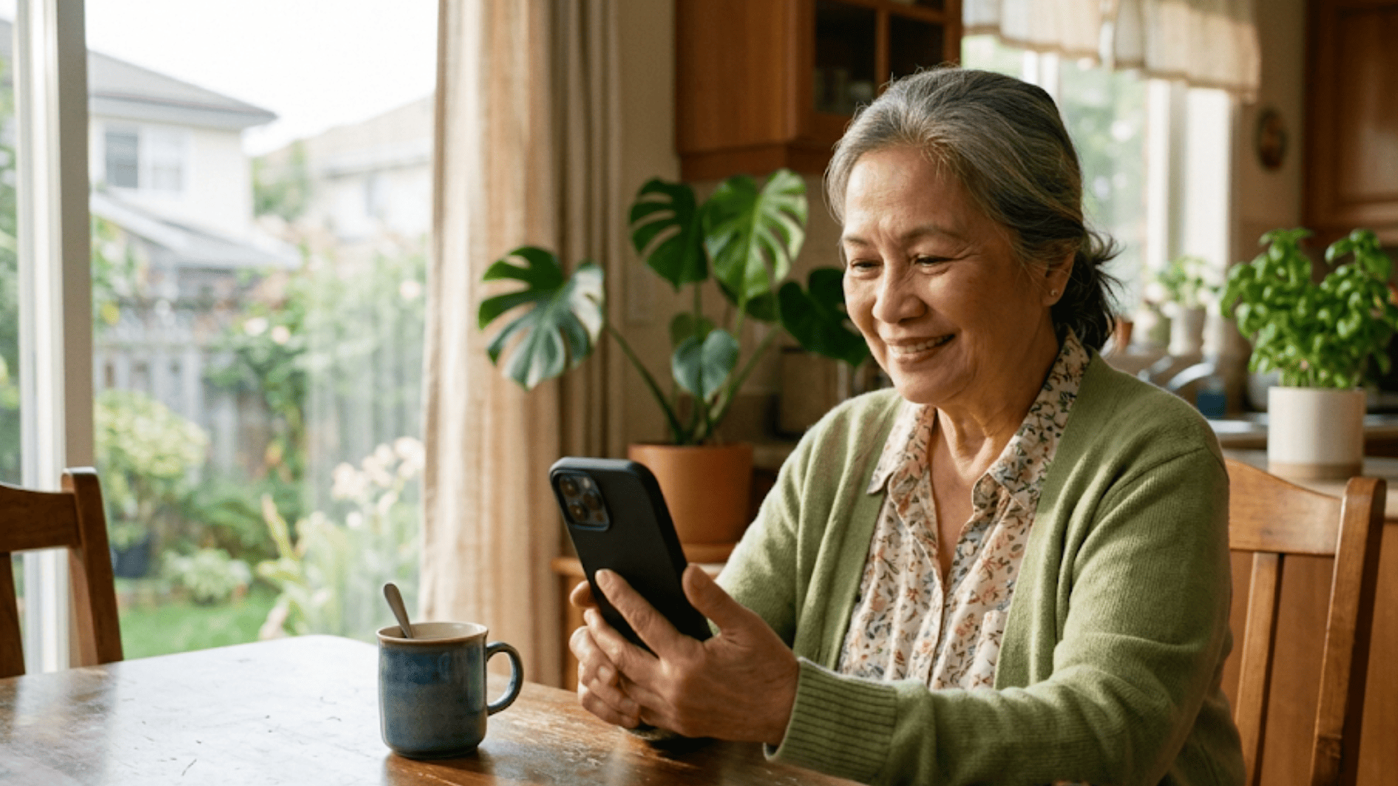 Senior patient comfortably on a no-app telehealth video call at home