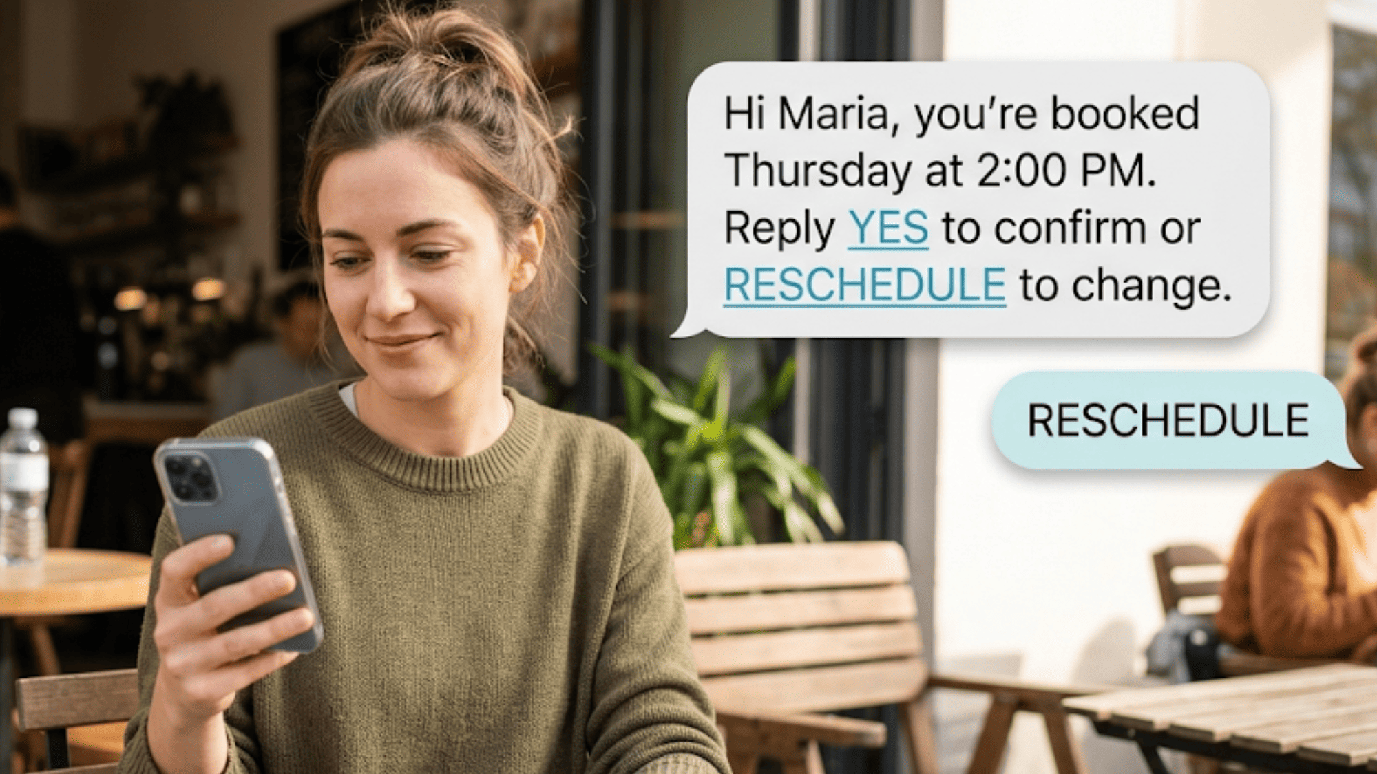 Floating text thread showing a Lytec patient replying RESCHEDULE to a two-way appointment reminder
