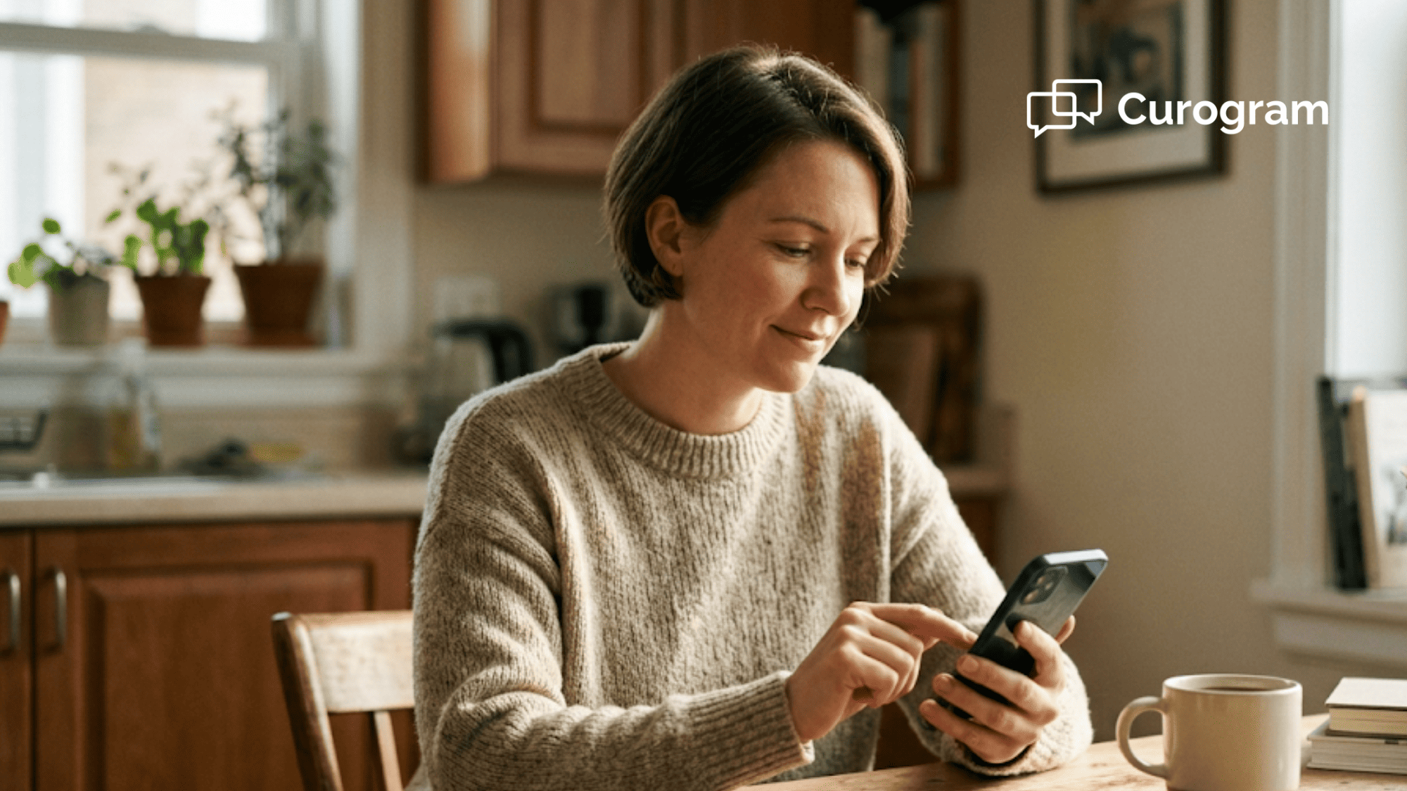 Relaxed patient tapping a phone to pay a medical bill, showing easy SMS payment over paper statements
