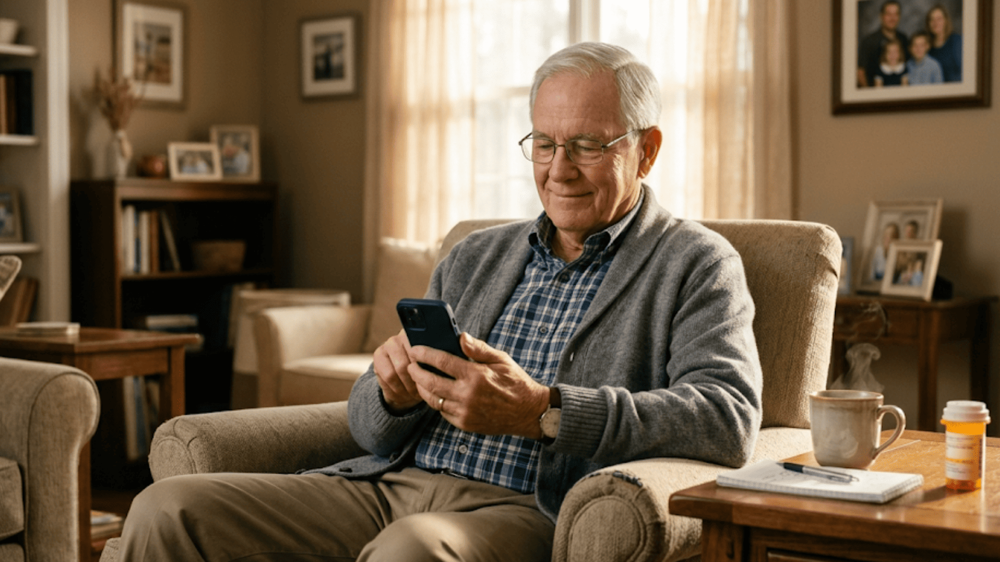 Elderly man in a cardigan calmly reading a procedure prep SMS on his phone while seated in his living room armchair