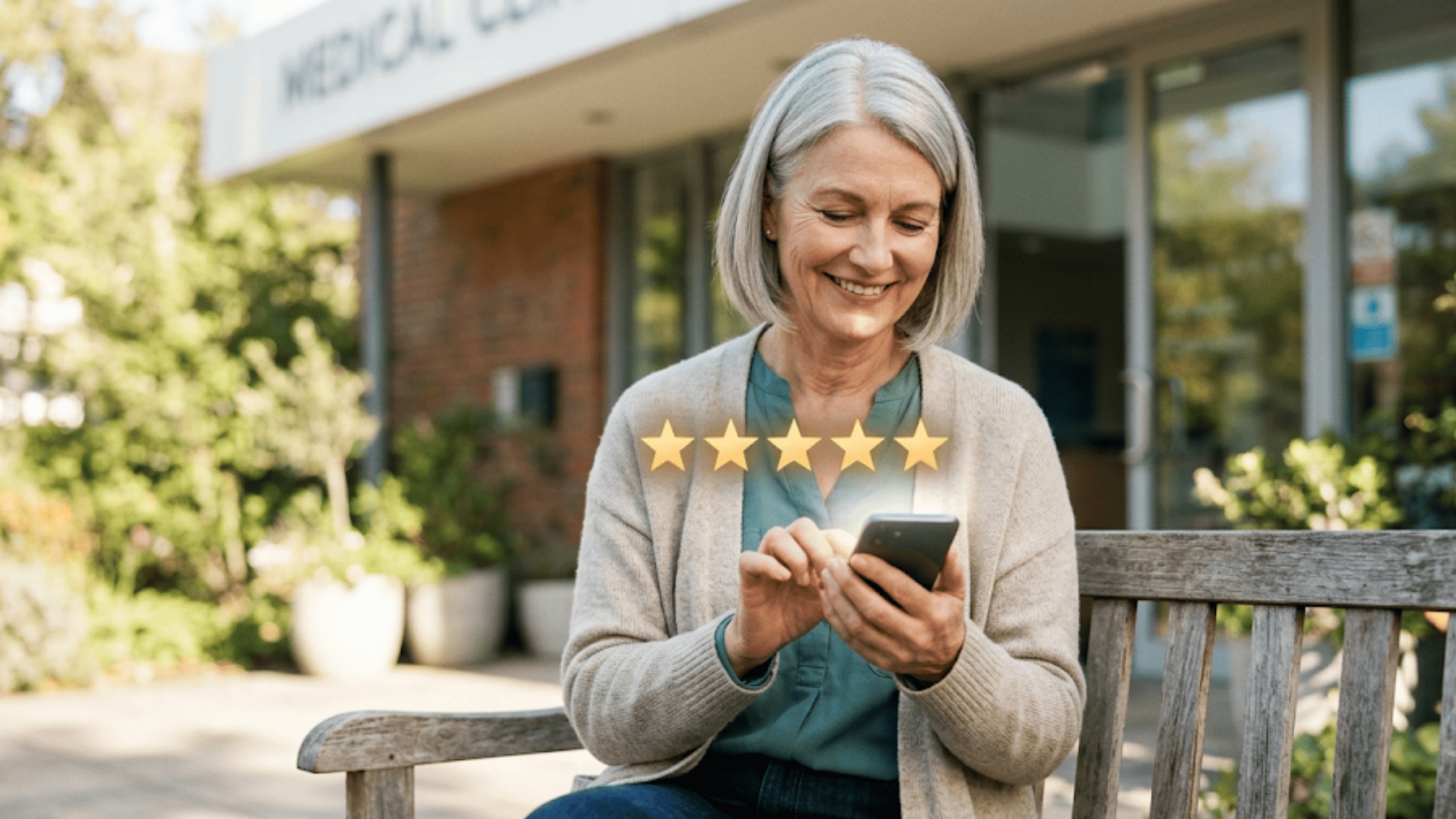 Satisfied patient outside a clinic completing an easy one-tap review request on her phone screen