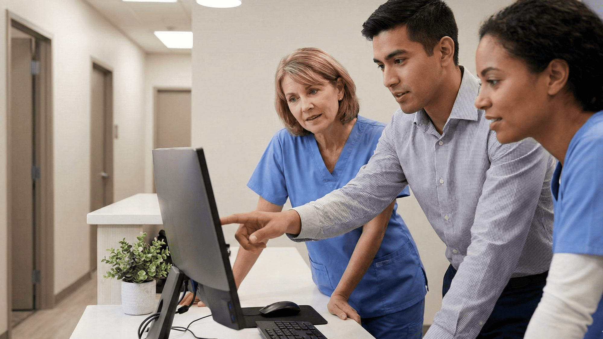 Clinic staff gathered around a desktop monitor during a reminder system training session