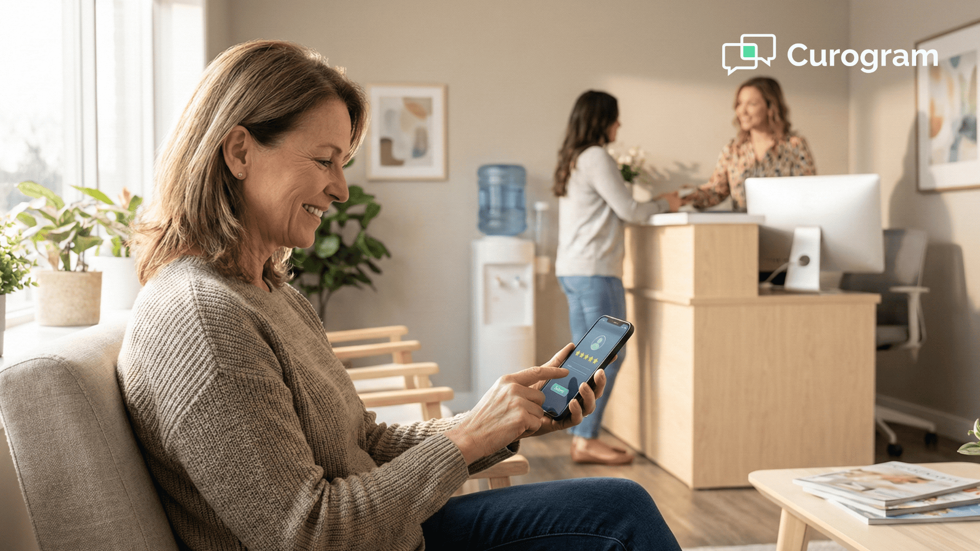 Patient smiling at her phone in a medical practice waiting room after leaving a positive Google review