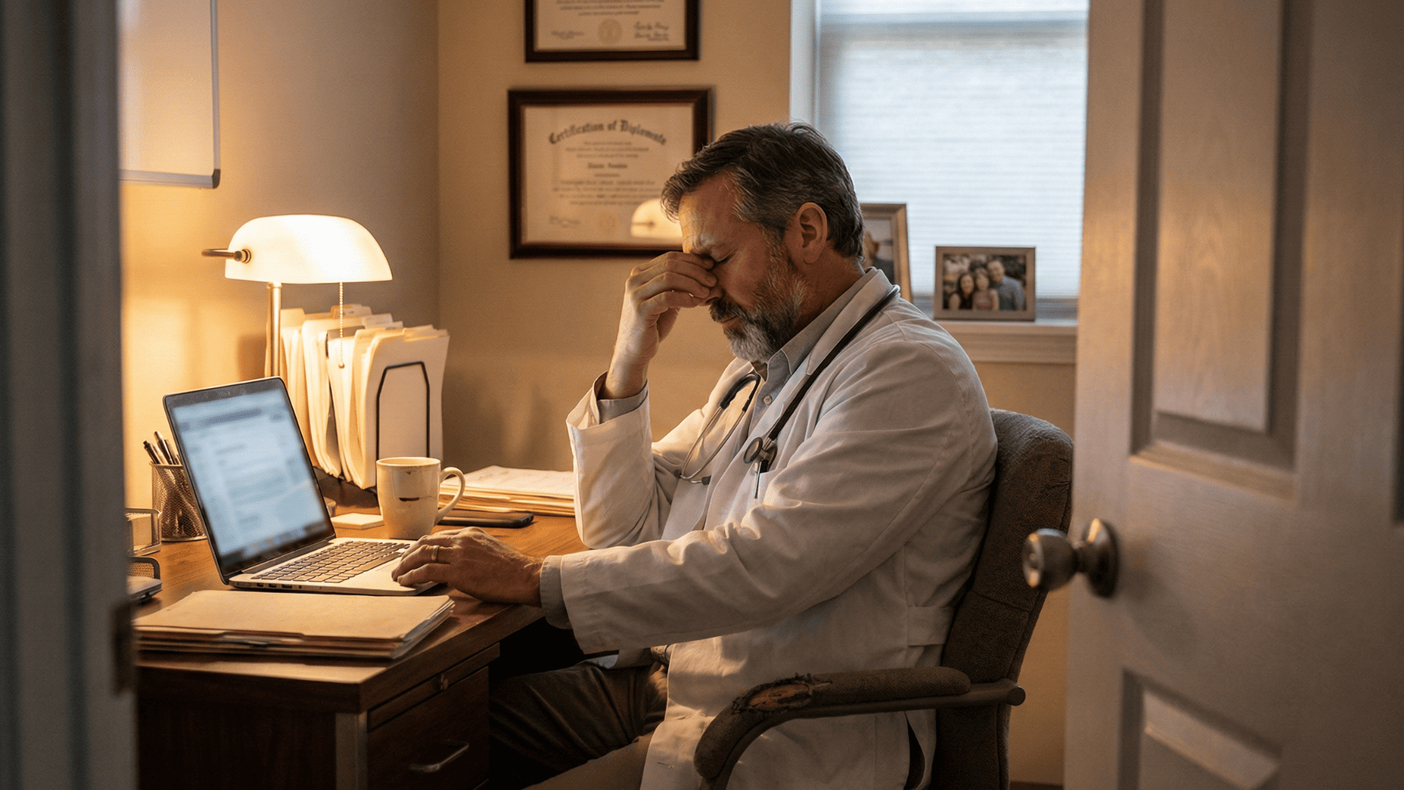 Frustrated doctor sitting at his desk after reading an unfair 1-star Google review on his laptop
