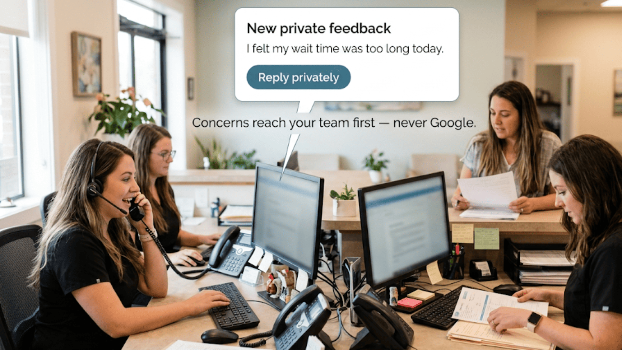 Behavioral health front desk staff receiving private client feedback before it reaches Google