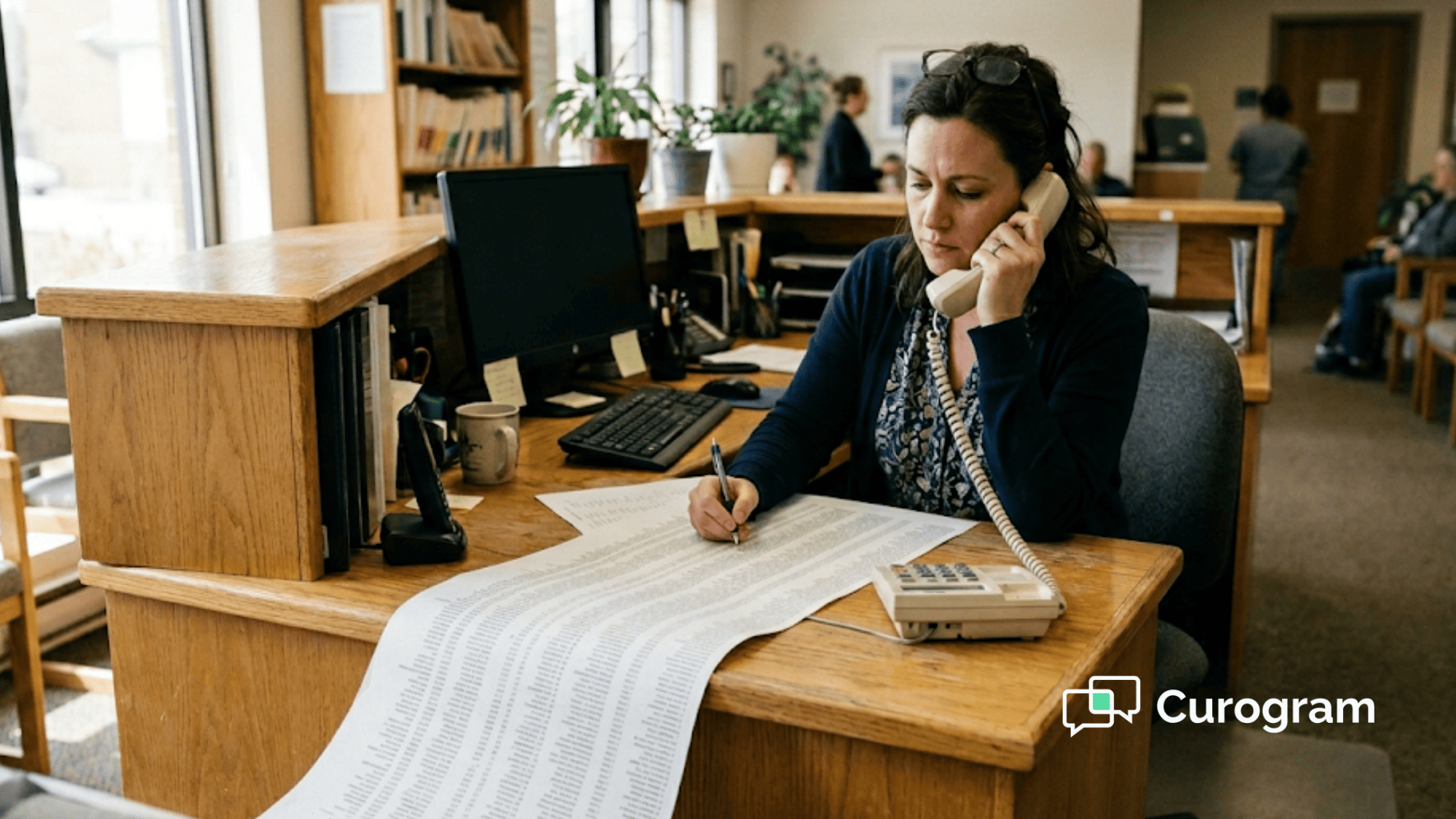 Care coordinator on the phone working through a long printed list of dropped behavioral health clients
