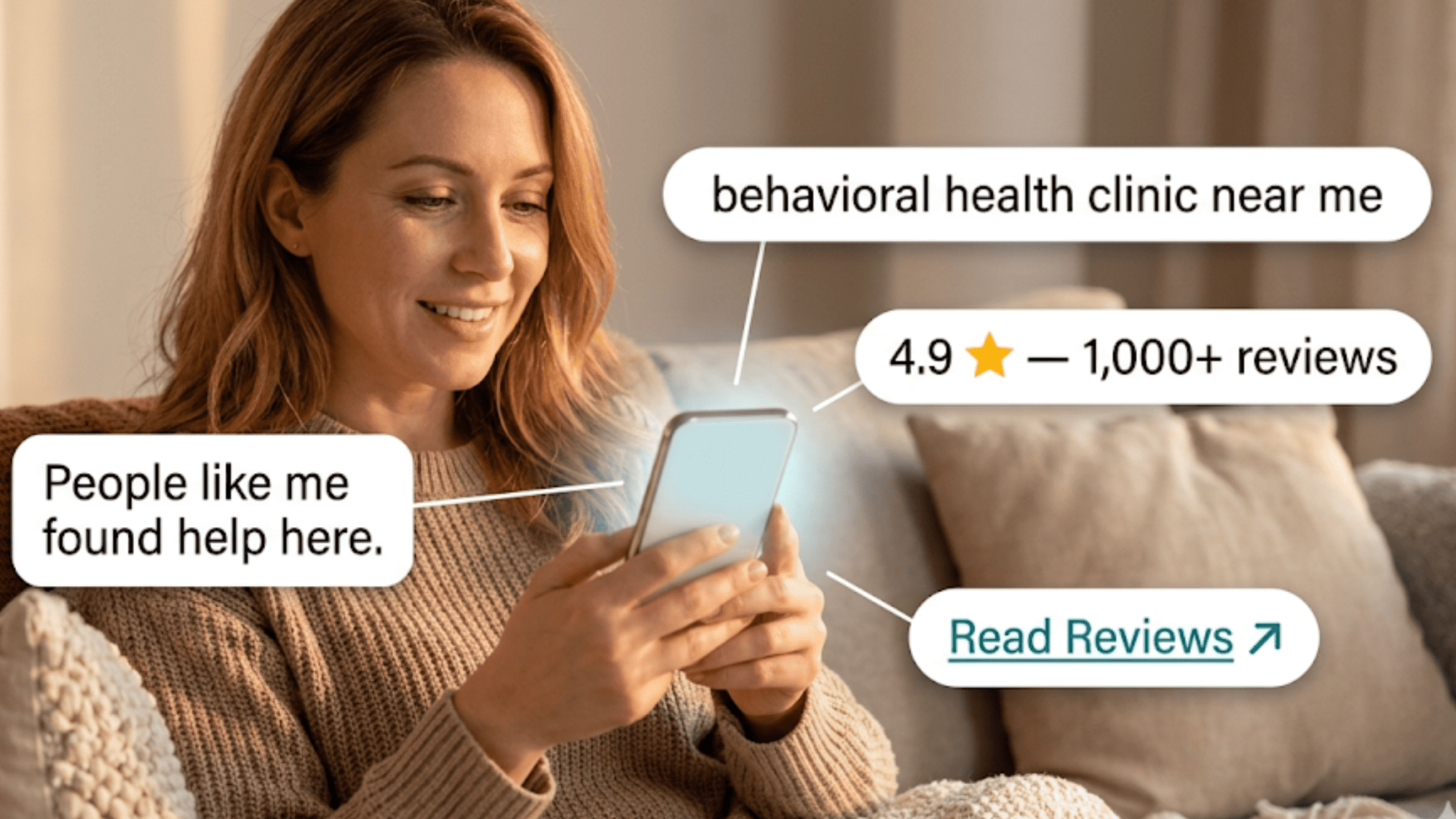Prospective client searching a behavioral health clinic on their phone with floating reviews and a five-star rating