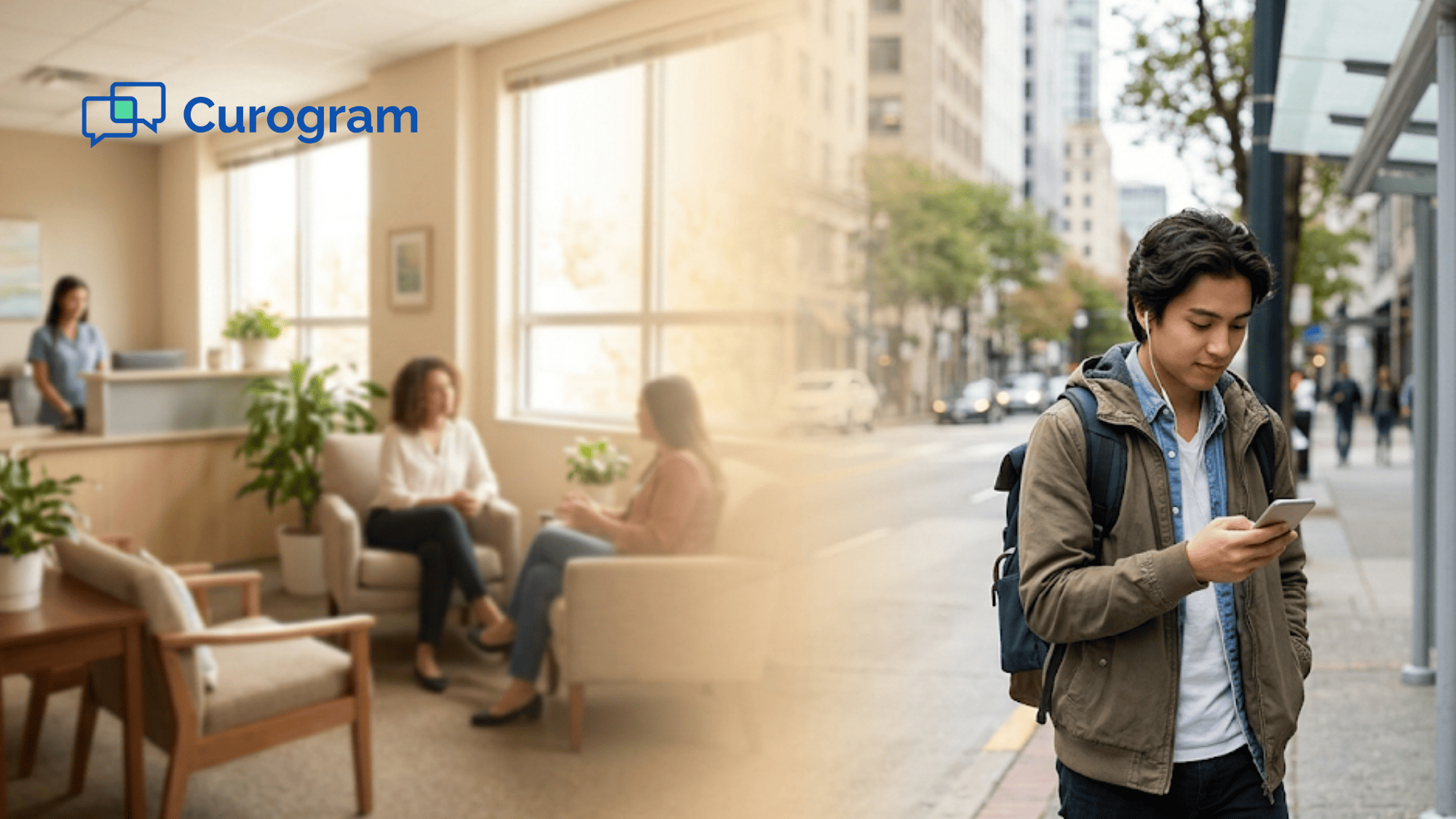 Behavioral health clinic on one side and a client checking their phone outdoors, linked by a soft connecting light