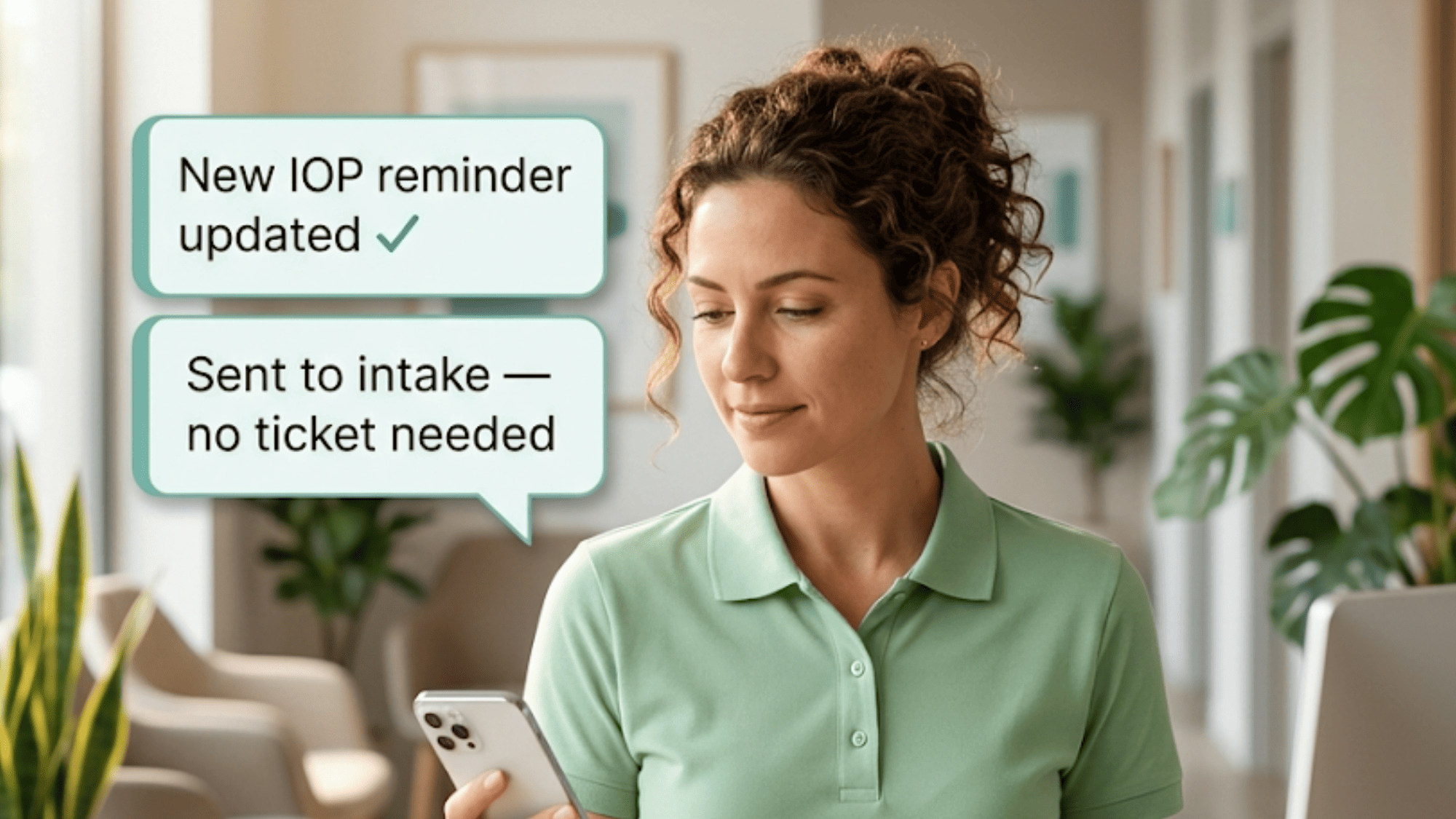 Clinic staff updating a Sigmund AURA texting reminder on her phone without a vendor ticket