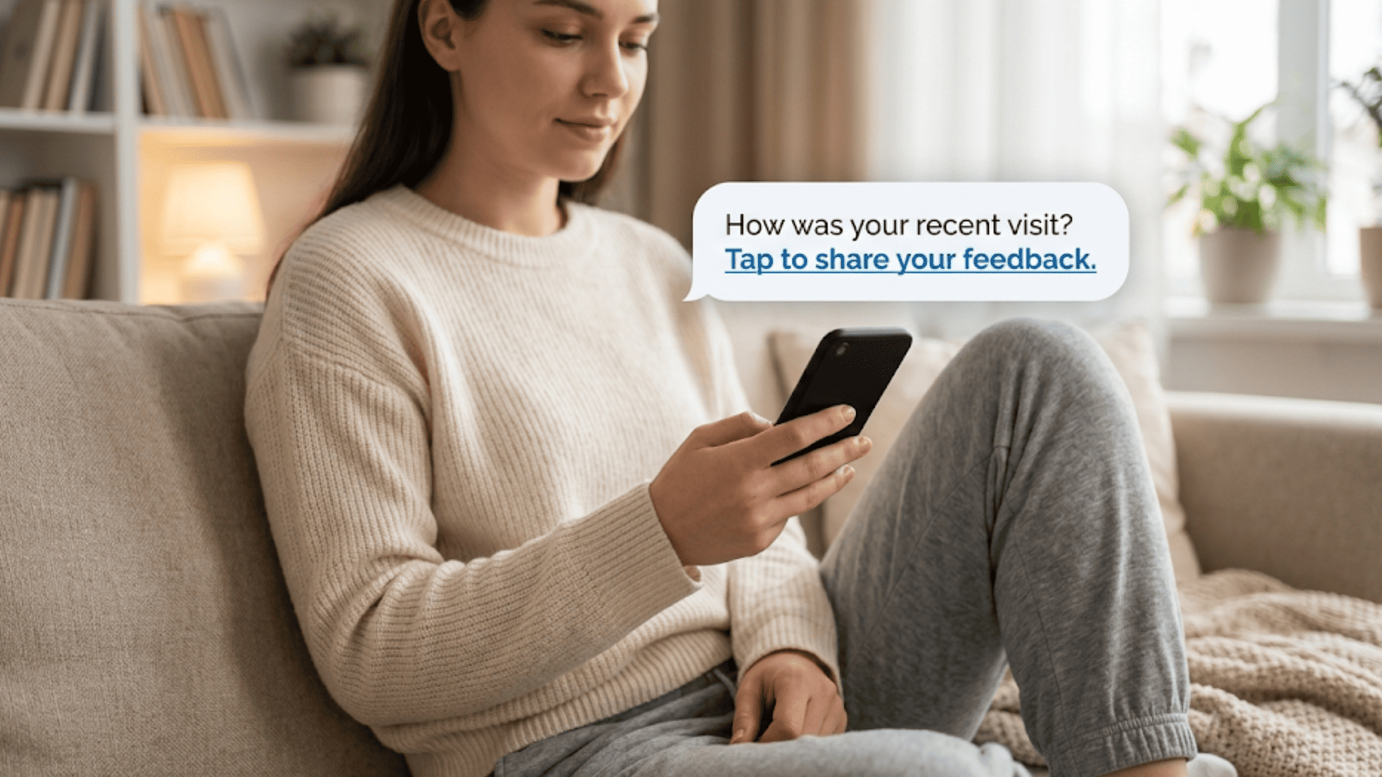 Client receiving an automated review request text for a behavioral health practice