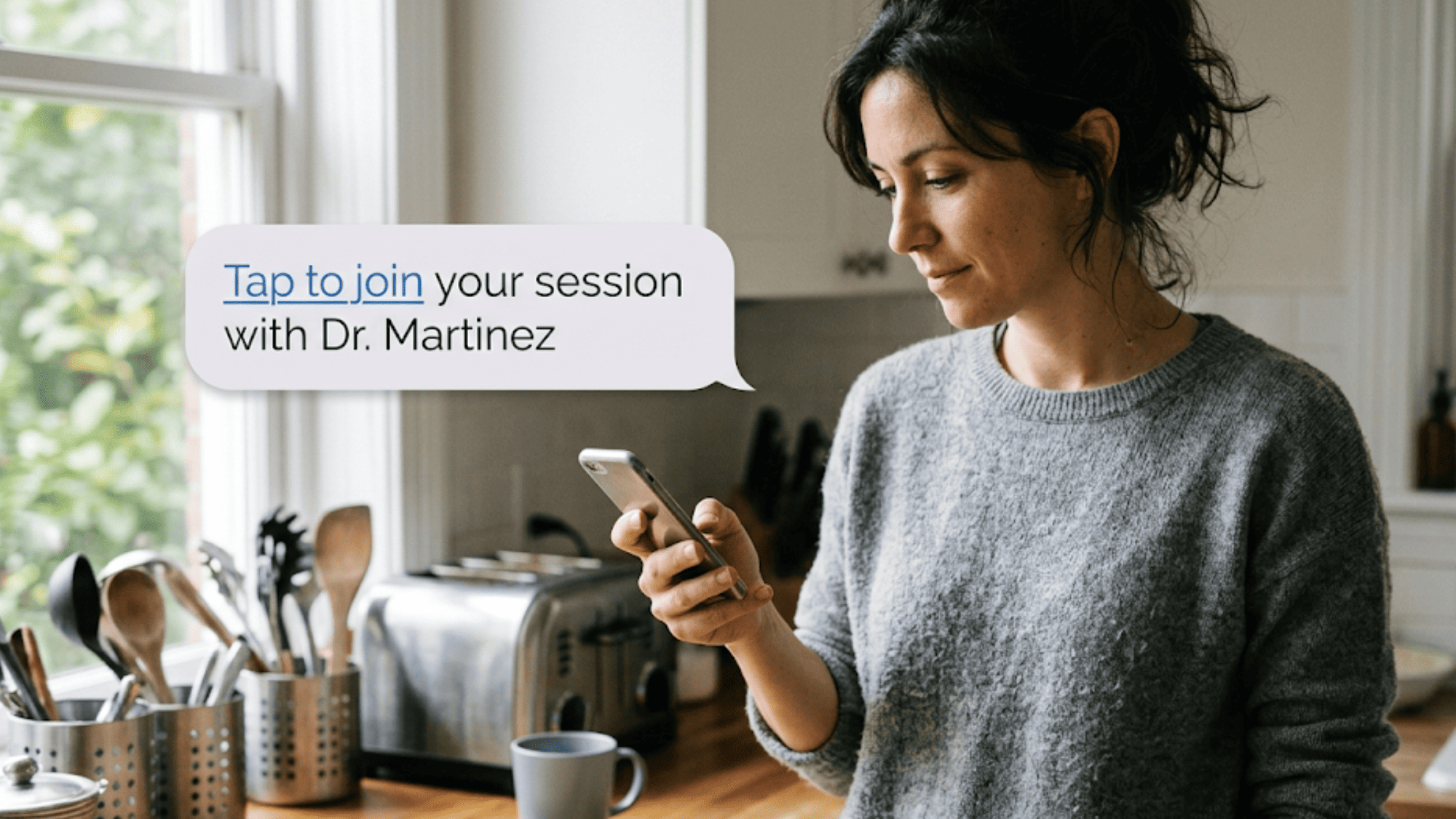 Floating text message prompting a patient to tap and join a no-download telehealth session