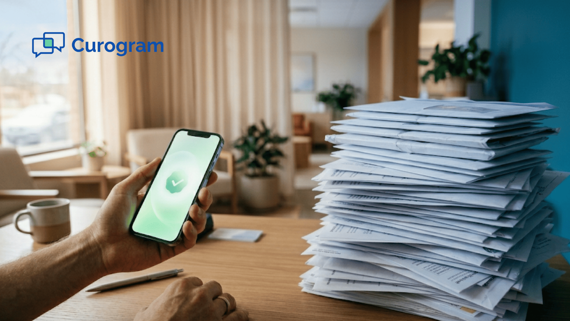 Stack of paper billing statements beside a smartphone