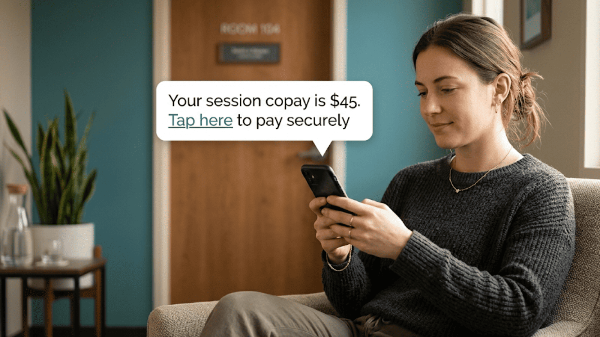 Behavioral health client paying a $45 copay on a phone